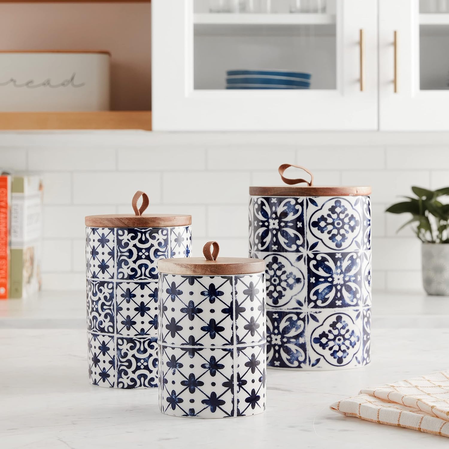 American Atelier Medallions Canister Set 3-Piece Ceramic Jars in Chic Design With Lids for Cookies, Candy, Coffee, Flour, Sugar, Rice, Pasta, Cereal & More Blue