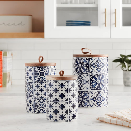 American Atelier Medallions Canister Set 3-Piece Ceramic Jars in Chic Design With Lids for Cookies, Candy, Coffee, Flour, Sugar, Rice, Pasta, Cereal & More Blue