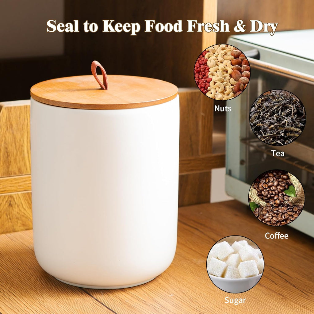 Mowtanco Ceramic Canister Set (30 oz, 48 oz, 82 oz) – White Ceramic Jar Set with Airtight Bamboo Lids for Flour, Sugar, Tea, Coffee, Pasta, Nuts – 3-Piece Storage Containers for Kitchen Counter