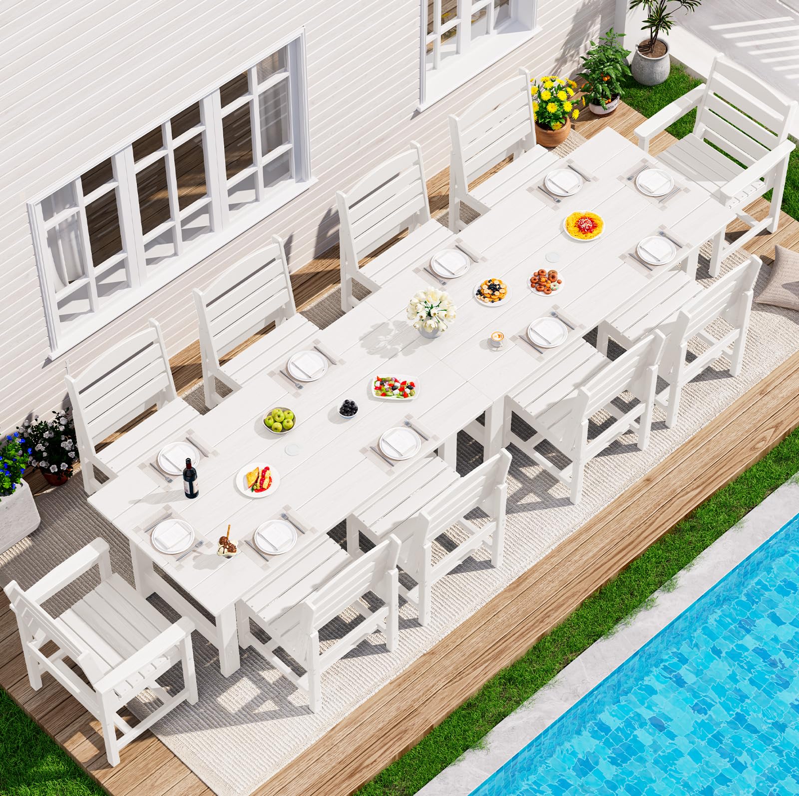 SERWALL Outdoor HDPE Dining Table Set, 7-Piece Outdoor Dining Table Sets with Umbrella Hole Cut-Out Table and 6 Chairs, Gray