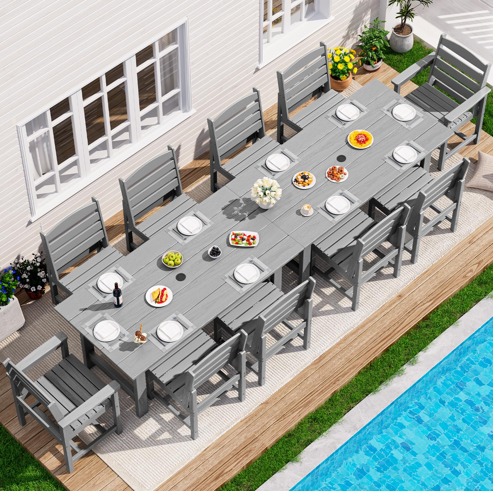 SERWALL Outdoor HDPE Dining Table Set, 7-Piece Outdoor Dining Table Sets with Umbrella Hole Cut-Out Table and 6 Chairs, Gray
