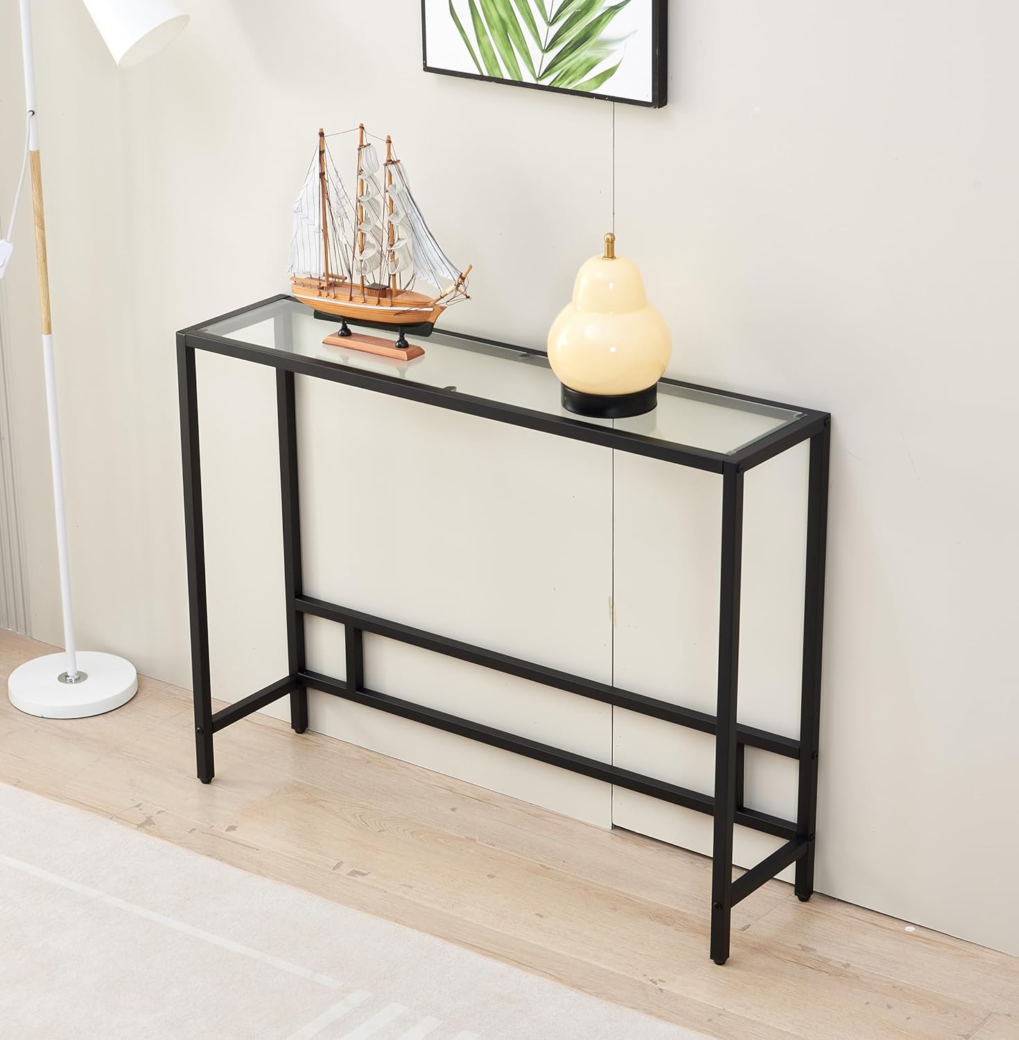 MAJARO Small Modern Console Table for Entryway, Tempered Glass with Metal Frame Sofa Table for Living Room, Hallway, Office (Single-Layer, Black)