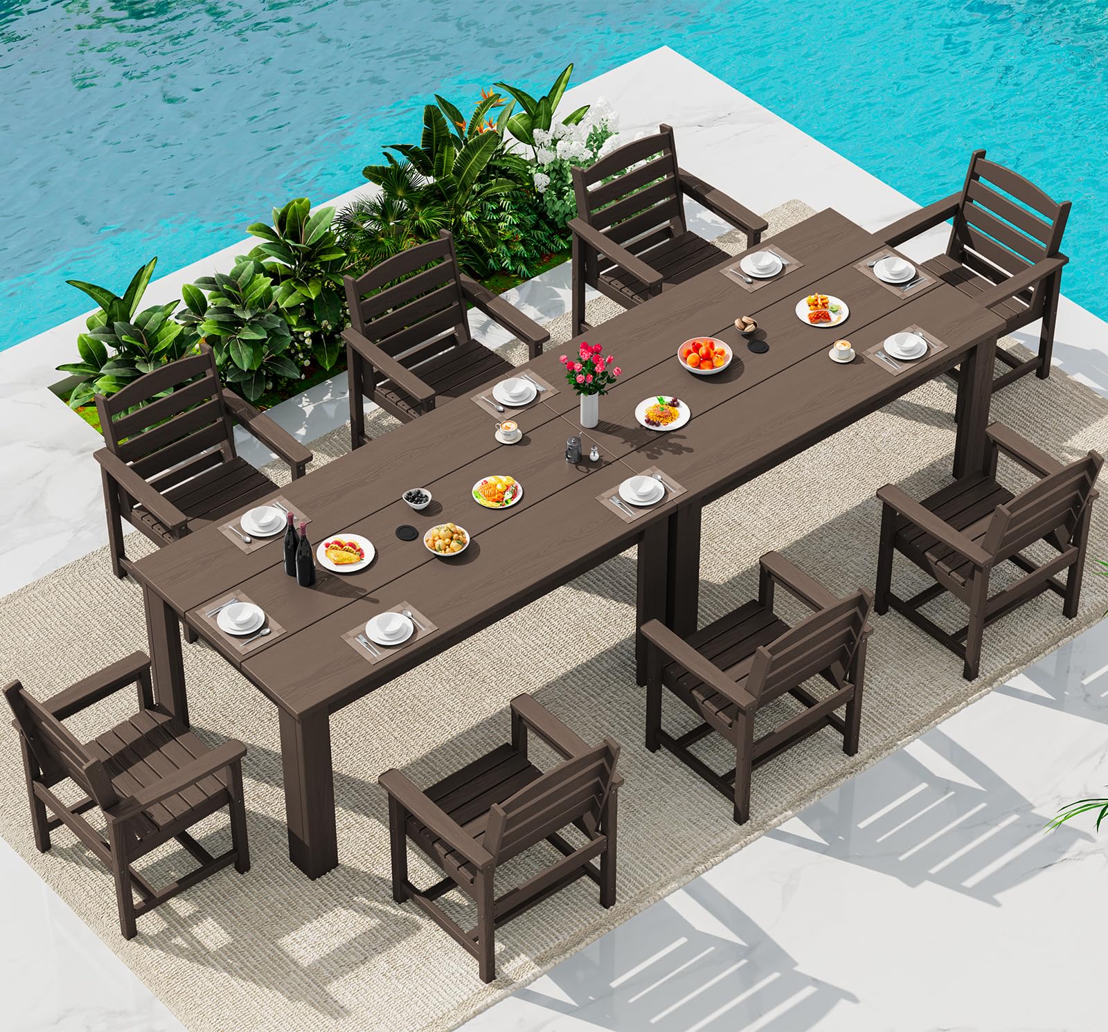SERWALL HDPE Dining Set for 6: 1 Umbrella Hole Table, 4 Armless + 2 Armchairs. Includes 6 Plastic Woven Placemats – Heat-Resistant, Non-Slip & Easy to Clean. for Patio, Garden, Backyard. Black