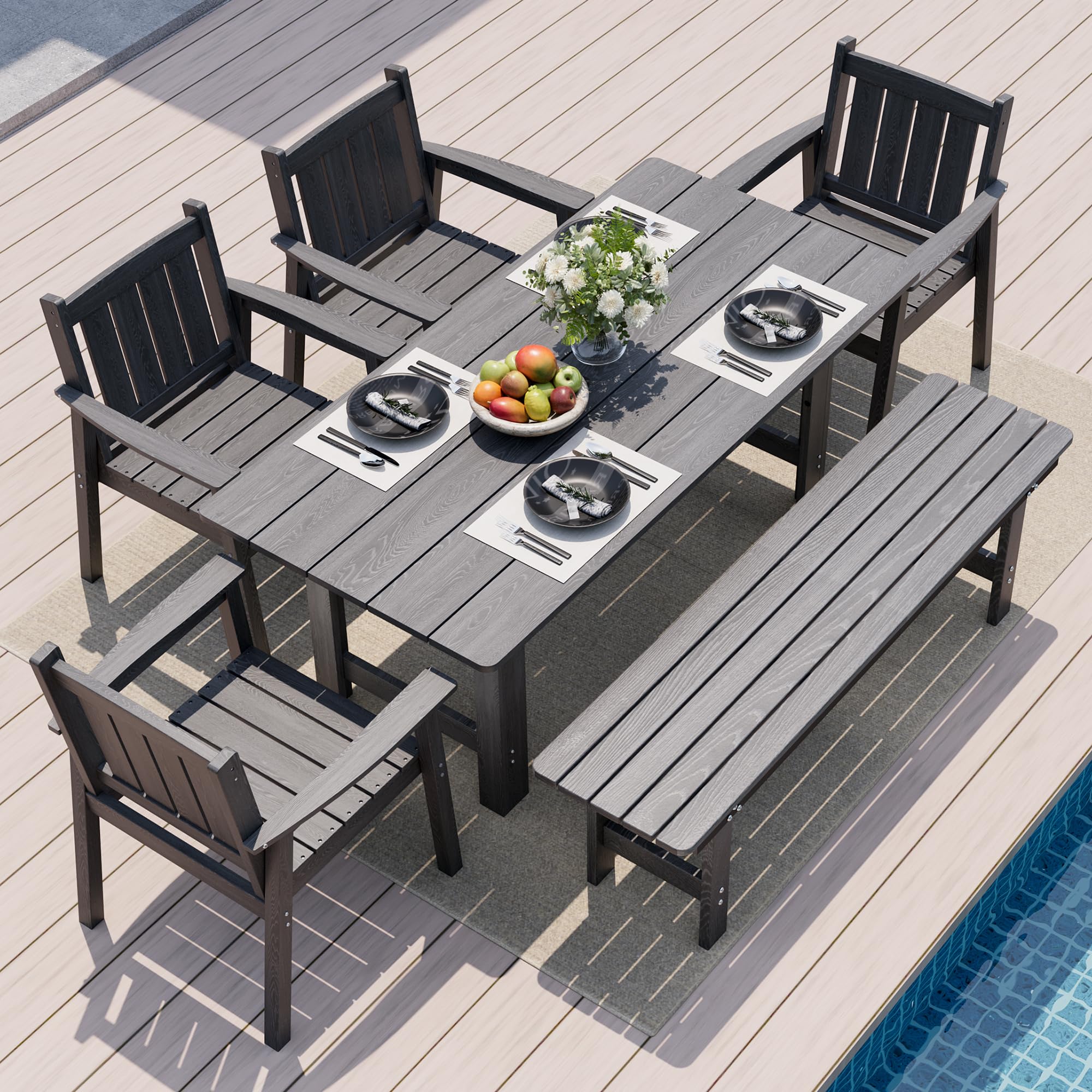 Pamapic 5 PCS Outdoor Dining Set, Spacious HDPE Outdoor Table and Chairs, Wood Grain Patio Furniture Sets with Elegant Armrest, All-Weather Patio Dining Table with Umbrella Hole, Gray