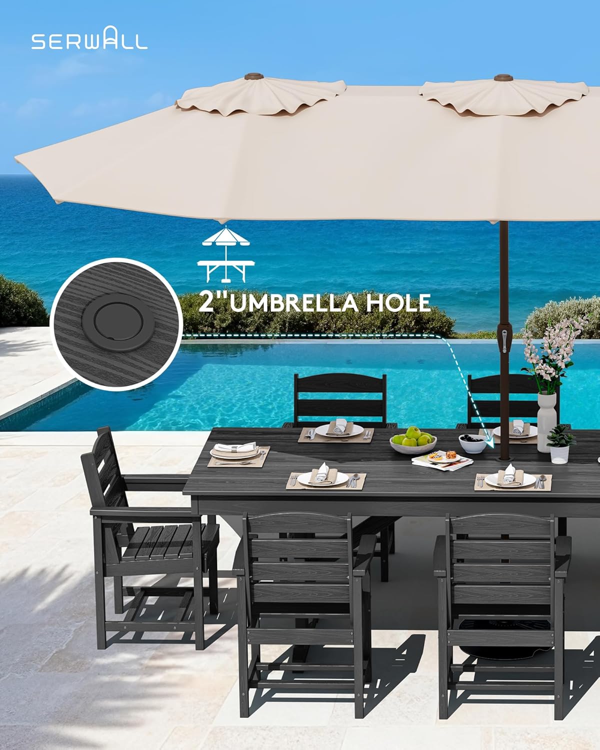 SERWALL 9 Piece Outdoor Dining Set, 84" HDPE Outdoor Table and Chairs for 8，All Weather Patio Dining Furniture Set with Umbrella Hole for Backyard, Garden, Black