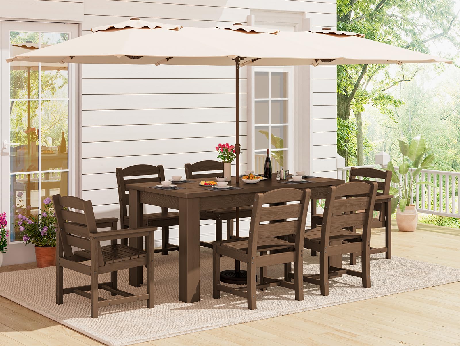 SERWALL HDPE Dining Set for 6: 1 Umbrella Hole Table, 4 Armless + 2 Armchairs. Includes 6 Plastic Woven Placemats – Heat-Resistant, Non-Slip & Easy to Clean. for Patio, Garden, Backyard. Black
