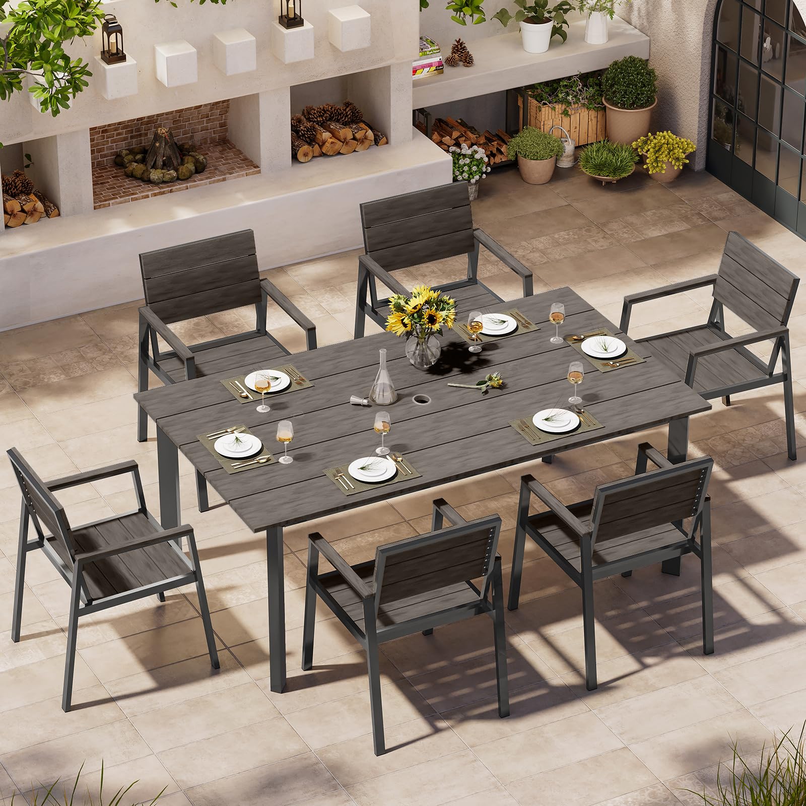 Outdoor Dining Set, Patio Table and Chairs Set with Umbrella Hole, 7 Pieces HDPS + Aluminum Patio Dining Furniture Set for Backyard, Garden (Gray & Teak)