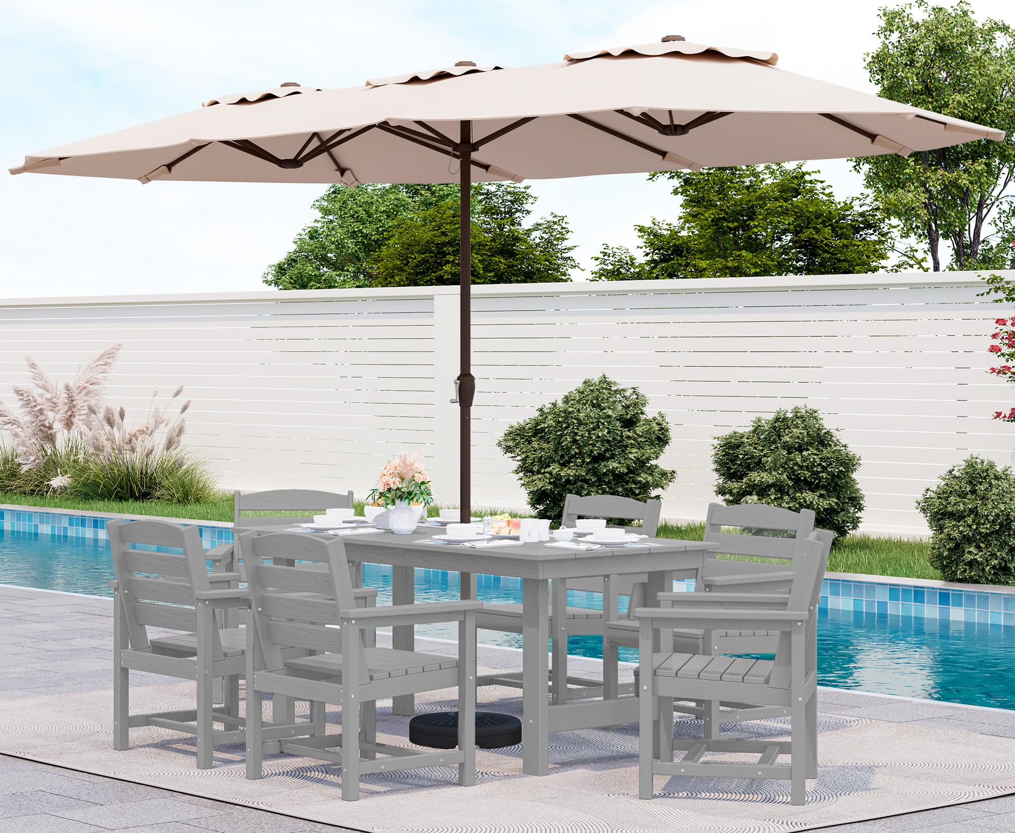 SERWALL Outdoor HDPE Dining Table Set, 7-Piece Outdoor Dining Table Sets with Umbrella Hole Cut-Out Table and 6 Chairs, Gray