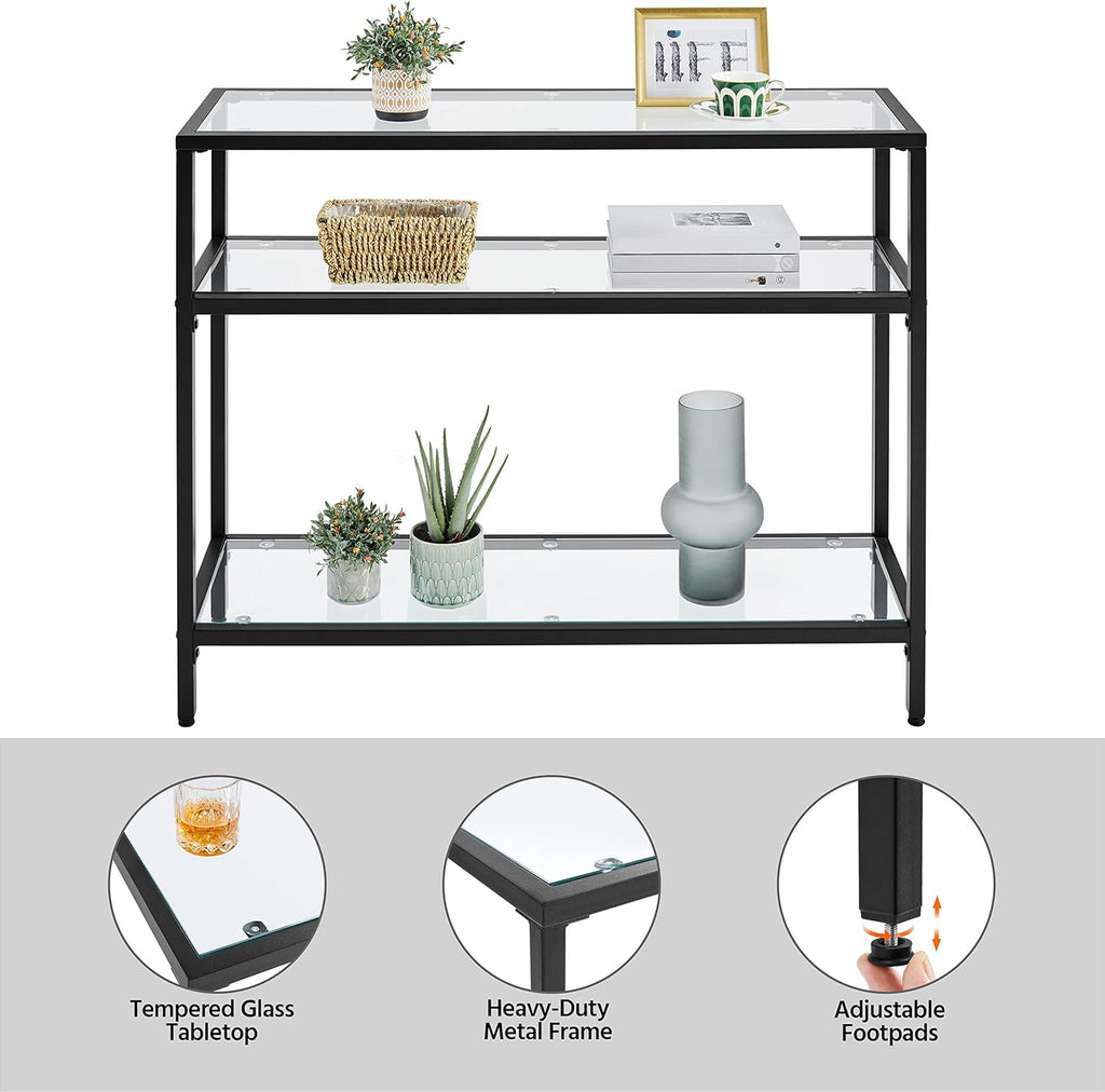 Yaheetech 39.5" Console Table with 3 Storage Shelves,Tempered Glass Sofa Table, Modern Entryway Tables with Metal Frame for Hallway Living Room Bedroom, Easy Assembly, Black