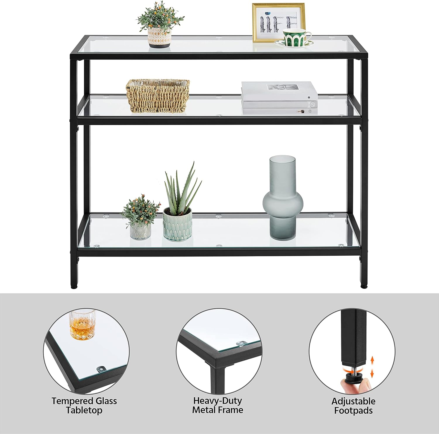 Yaheetech 39.5" Console Table with 3 Storage Shelves,Tempered Glass Sofa Table, Modern Entryway Tables with Metal Frame for Hallway Living Room Bedroom, Easy Assembly, Black