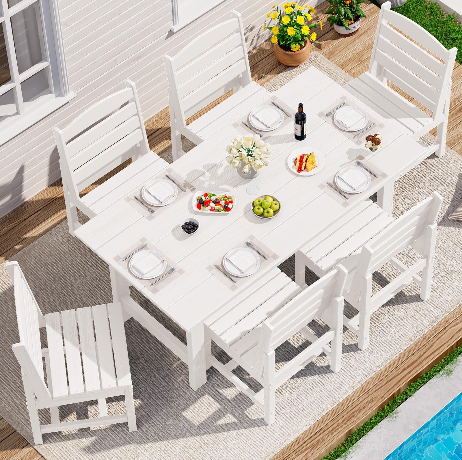 SERWALL Outdoor HDPE Dining Table Set, 7-Piece Outdoor Dining Table Sets with Umbrella Hole Cut-Out Table and 6 Chairs, Gray