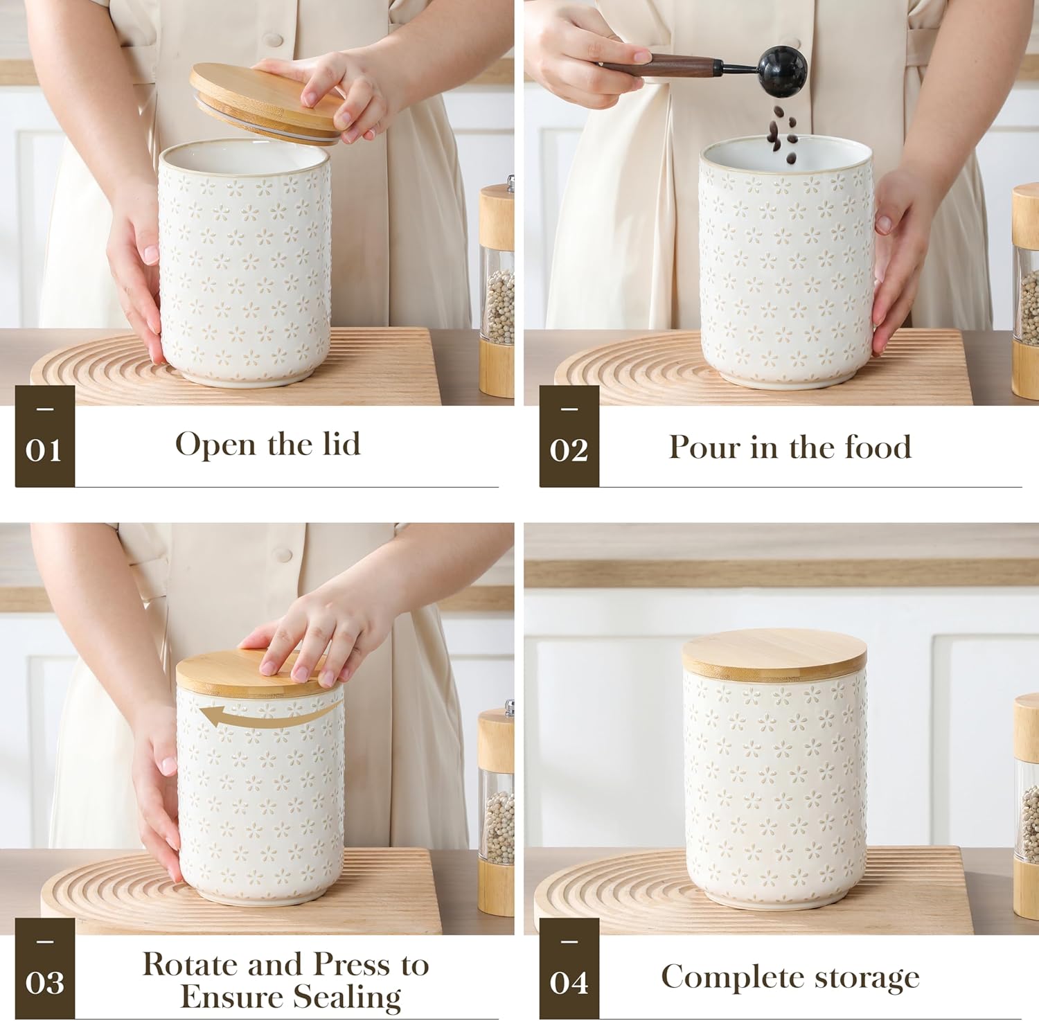 MALACASA LYDIA Ceramic Canisters Set with Airtight Lids, 80/40/20 oz Coffee Canisters Sets for the Kitchen, Large Jars for Flour, Sugar, Pasta, Coffee, Cookies, Tea - Set of 3, Five-Leaf Grass