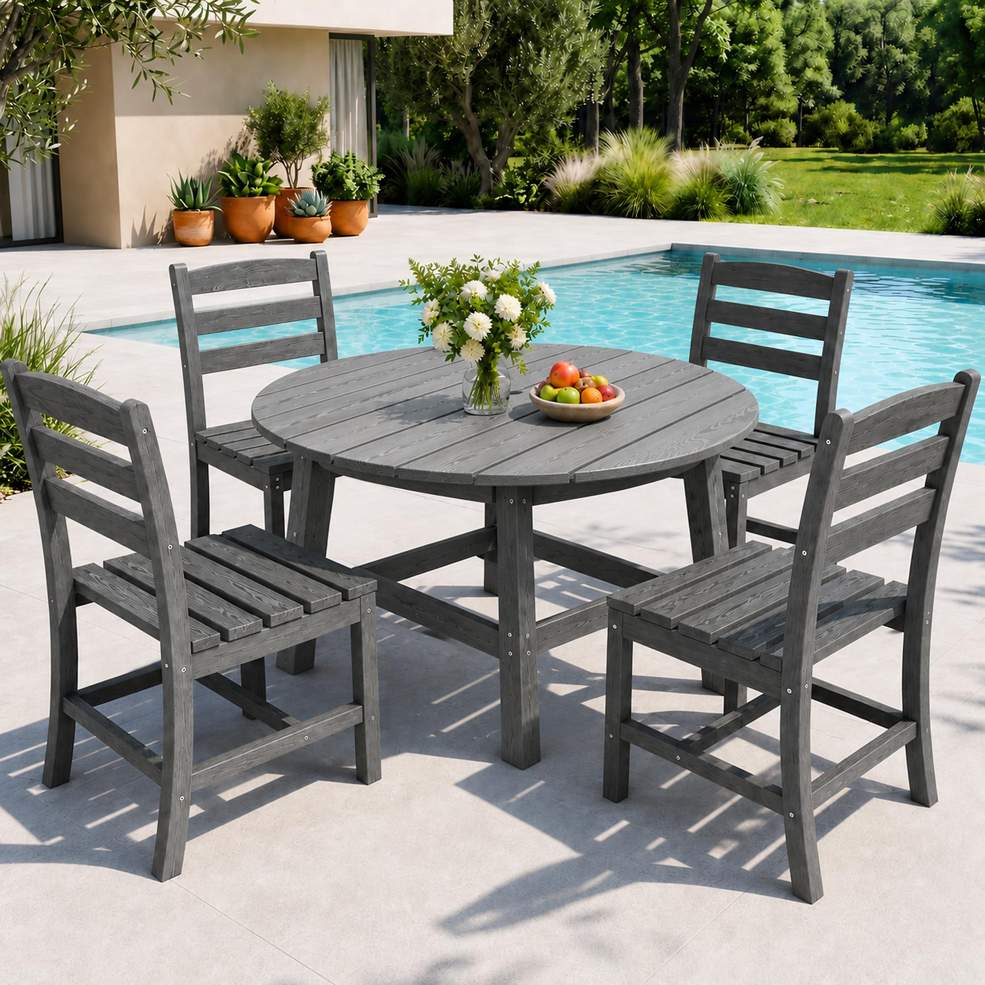 Pamapic 5 PCS Outdoor Dining Set, Spacious HDPE Outdoor Table and Chairs, Wood Grain Patio Furniture Sets with Elegant Armrest, All-Weather Patio Dining Table with Umbrella Hole, Gray