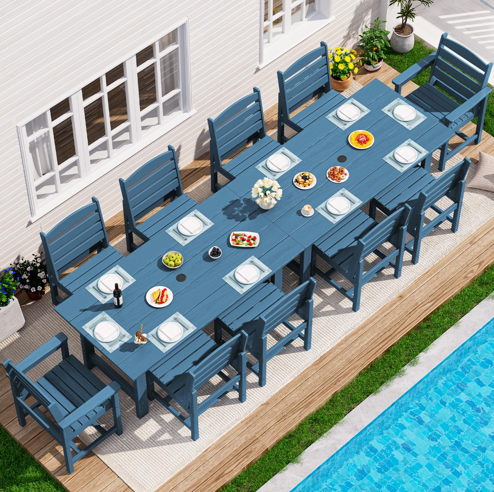 SERWALL Outdoor HDPE Dining Table Set, 7-Piece Outdoor Dining Table Sets with Umbrella Hole Cut-Out Table and 6 Chairs, Gray