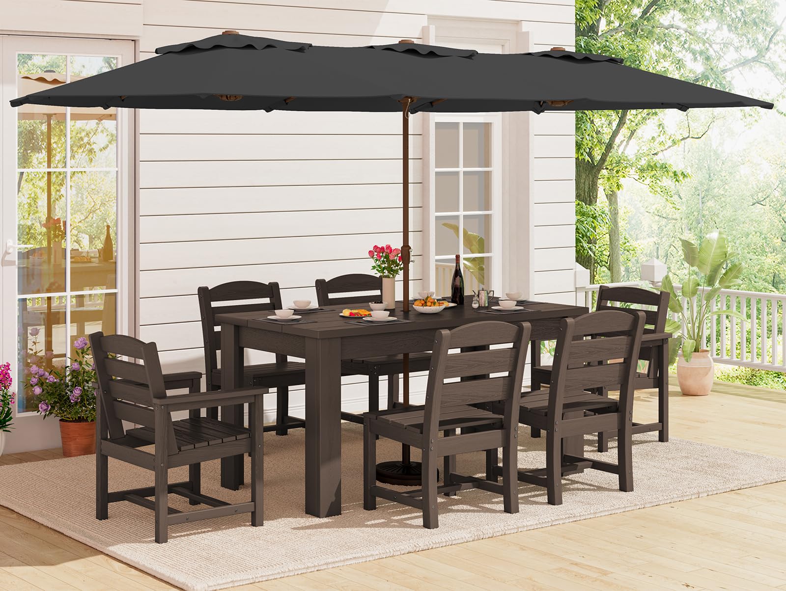 SERWALL HDPE Dining Set for 6: 1 Umbrella Hole Table, 4 Armless + 2 Armchairs. Includes 6 Plastic Woven Placemats – Heat-Resistant, Non-Slip & Easy to Clean. for Patio, Garden, Backyard. Black