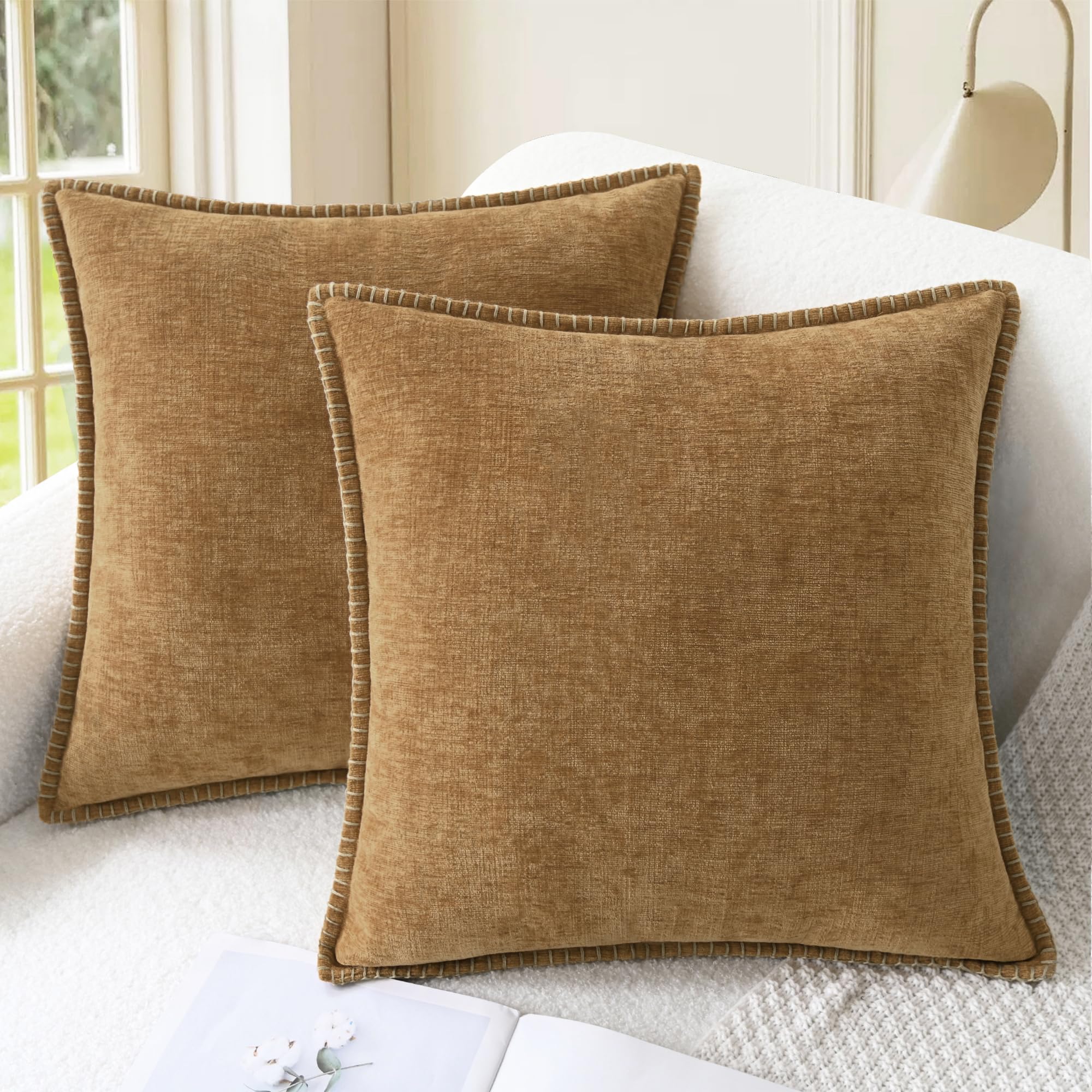 CaliTime Throw Pillow Covers Decorative 26 X 26 Inches Pack of 2 Cotton Thread Stitching Edges Solid Dyed Soft Chenille Cushion Cases for Couch Sofa Bed Living Room Farmhouse Coffee