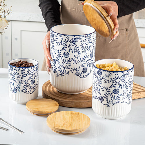 3 Pack Blue Ceramic Kitchen Canisters, Airtight Wooden Lids