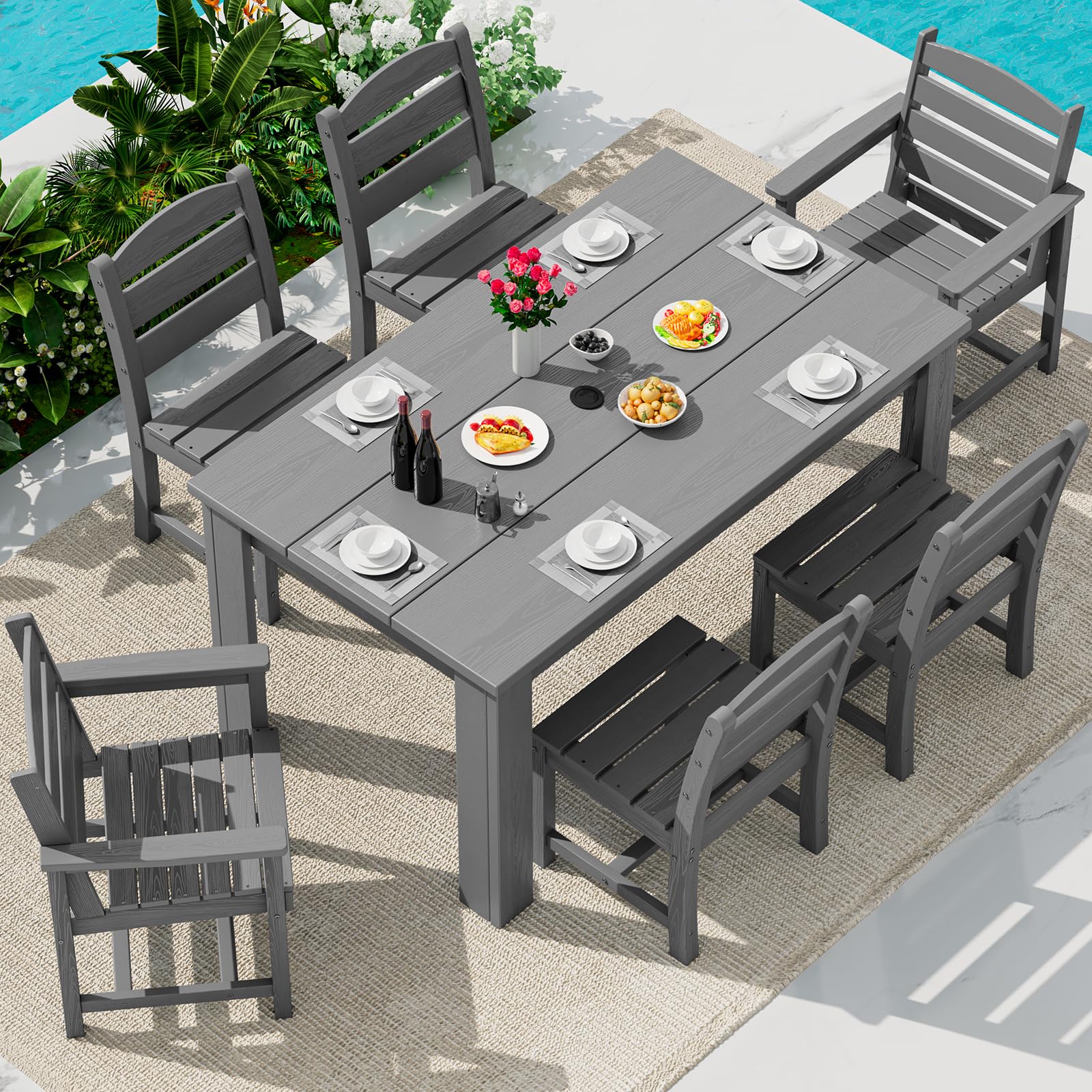 SERWALL HDPE Dining Set for 6: 1 Umbrella Hole Table, 4 Armless + 2 Armchairs. Includes 6 Plastic Woven Placemats – Heat-Resistant, Non-Slip & Easy to Clean. for Patio, Garden, Backyard. Black