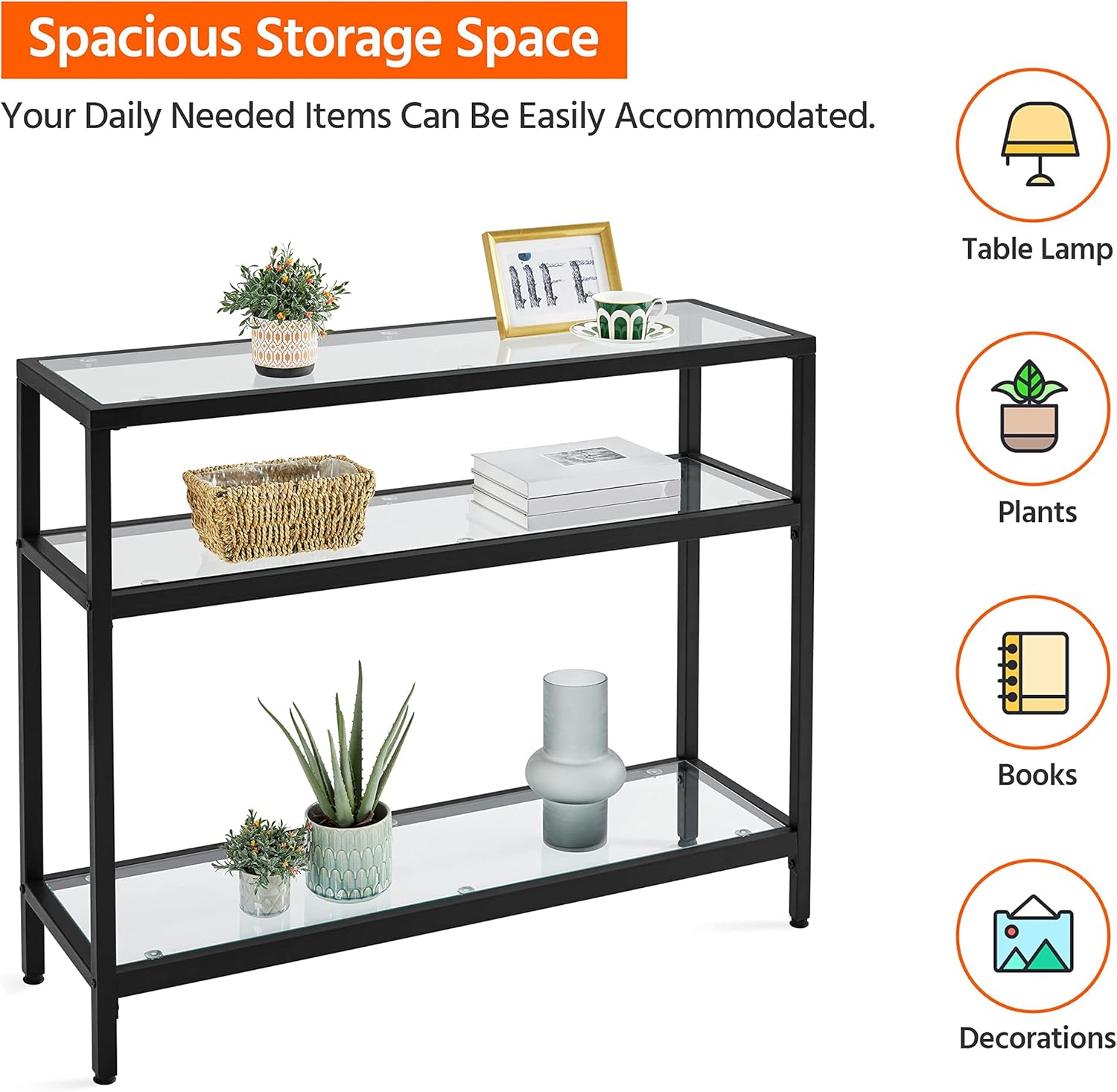 Yaheetech 39.5" Console Table with 3 Storage Shelves,Tempered Glass Sofa Table, Modern Entryway Tables with Metal Frame for Hallway Living Room Bedroom, Easy Assembly, Black