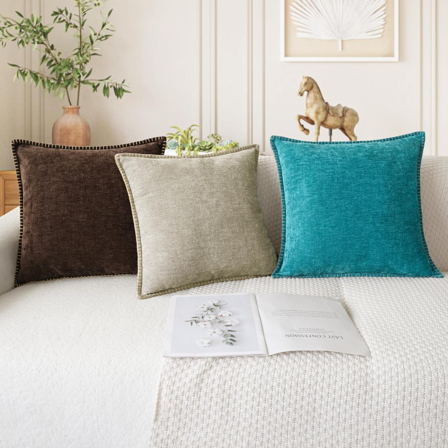 CaliTime Throw Pillow Covers Decorative 26 X 26 Inches Pack of 2 Cotton Thread Stitching Edges Solid Dyed Soft Chenille Cushion Cases for Couch Sofa Bed Living Room Farmhouse Coffee