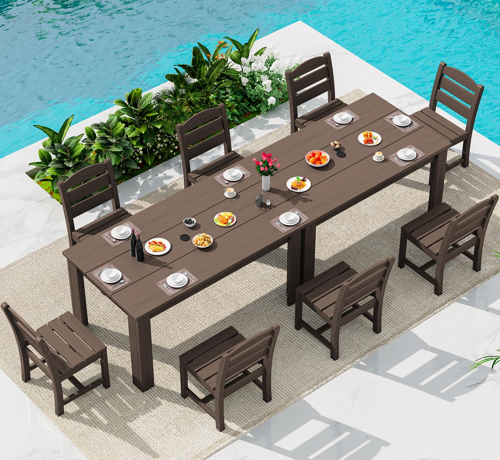 SERWALL HDPE Dining Set for 6: 1 Umbrella Hole Table, 4 Armless + 2 Armchairs. Includes 6 Plastic Woven Placemats – Heat-Resistant, Non-Slip & Easy to Clean. for Patio, Garden, Backyard. Black