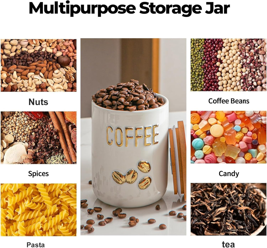 White Ceramic Canister Set for Coffee Tea Sugar, 3-Piece Food Storage Jars with Wood Airtight Lids, Decorative Small Container for Kitchen Pantry Counter - 25oz