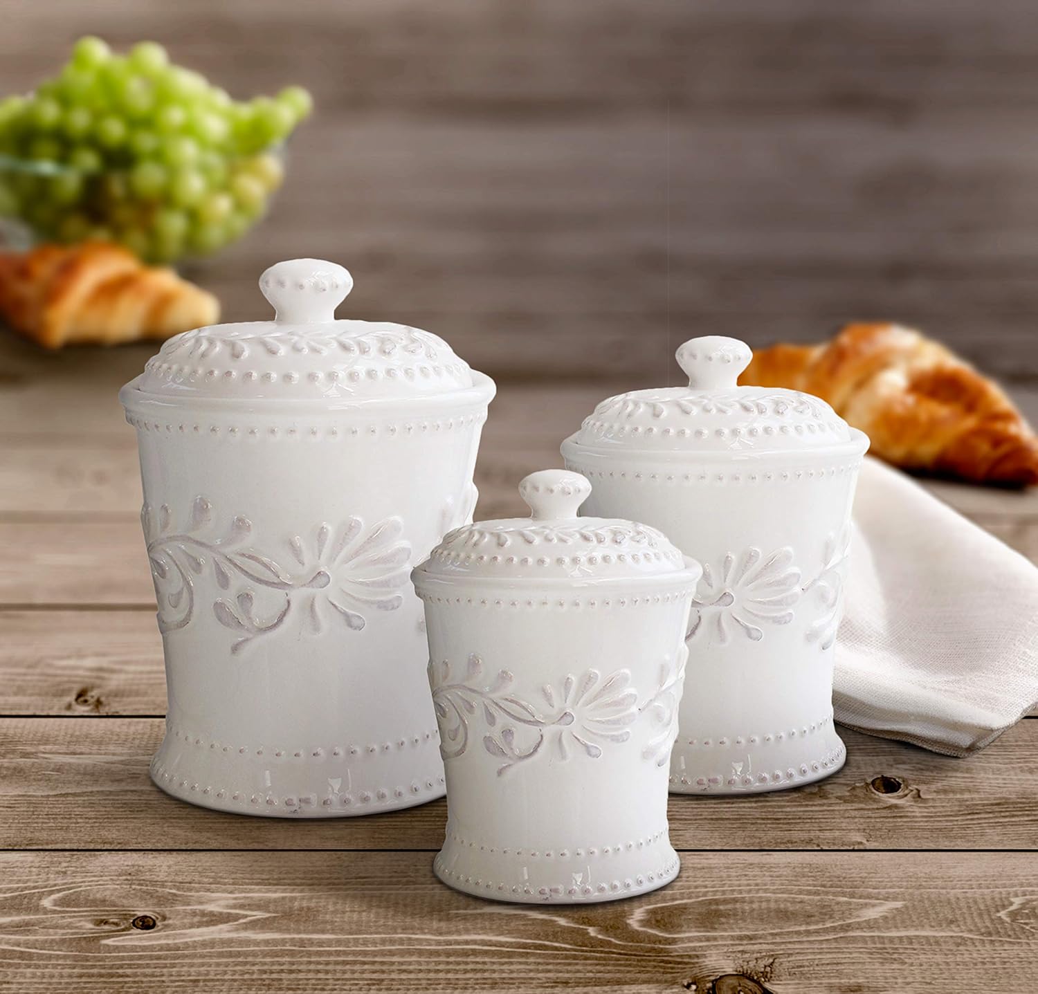 American Atelier Bianca Leaf Canister Set 3-Piece Ceramic Jars in 20oz, 48oz and 80oz Chic Design With Lids for Cookies, Candy, Coffee, Flour, Sugar, Rice, Pasta, Cereal & More,White