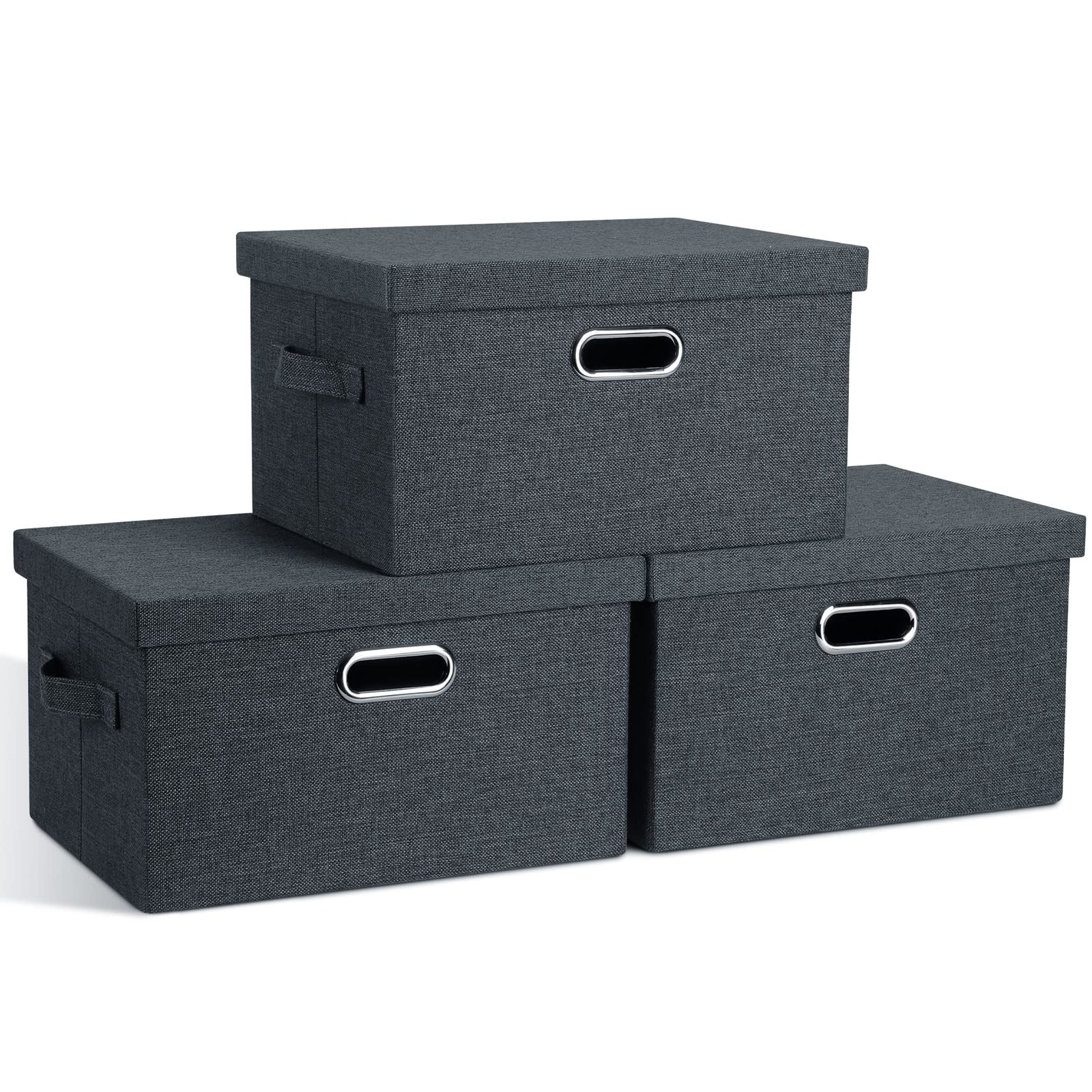 Graciadeco Large 17" 36 Quart Collapsible Stackable Storage Bins with Lids, 3 Packs Dark Gray Foldable Fabric Closet Storage Boxes with Lids, Heavy-duty Linen Cube Baskets(17x12x11)