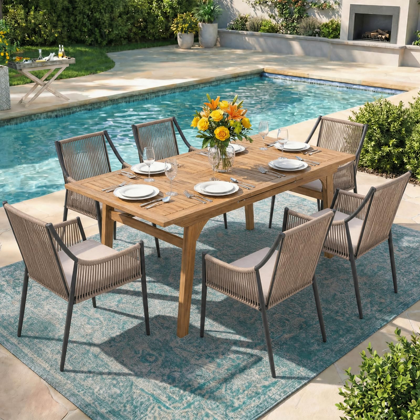 Patiorama 7-Piece Outdoor Dining Set, Patio Wicker Dining Table Chair Set with 55"-71" Acacia Wood Expandable Table & Twisted Rattan Rope Chairs, All-Weather Dining Furniture Set for Yard Garden, Tan