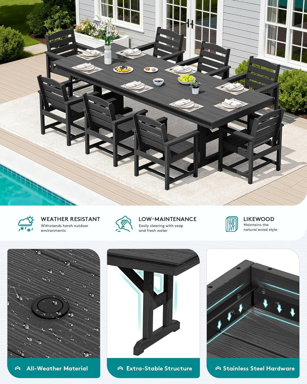 SERWALL 9 Piece Outdoor Dining Set, 84" HDPE Outdoor Table and Chairs for 8，All Weather Patio Dining Furniture Set with Umbrella Hole for Backyard, Garden, Black