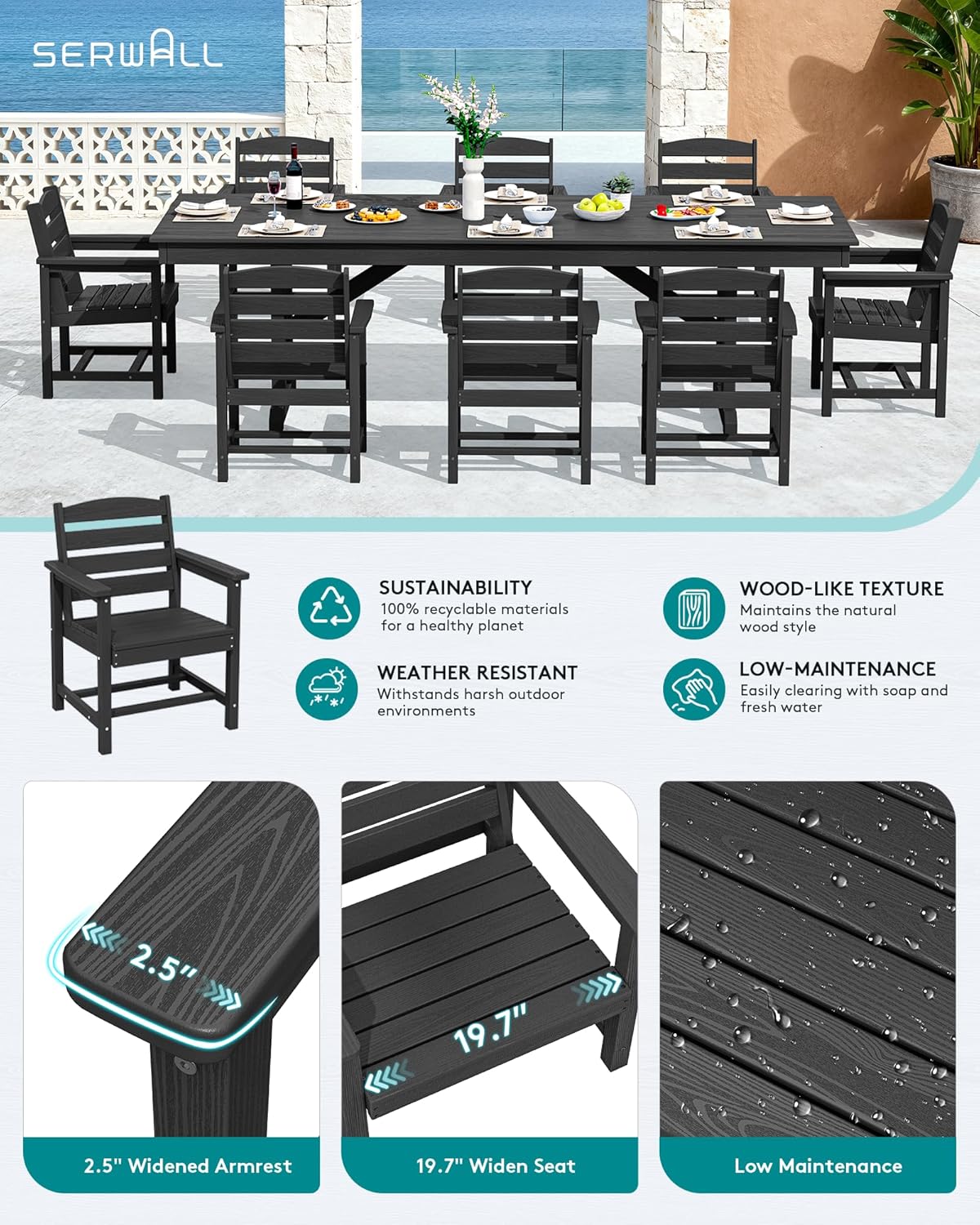 SERWALL 9 Piece Outdoor Dining Set, 84" HDPE Outdoor Table and Chairs for 8，All Weather Patio Dining Furniture Set with Umbrella Hole for Backyard, Garden, Black
