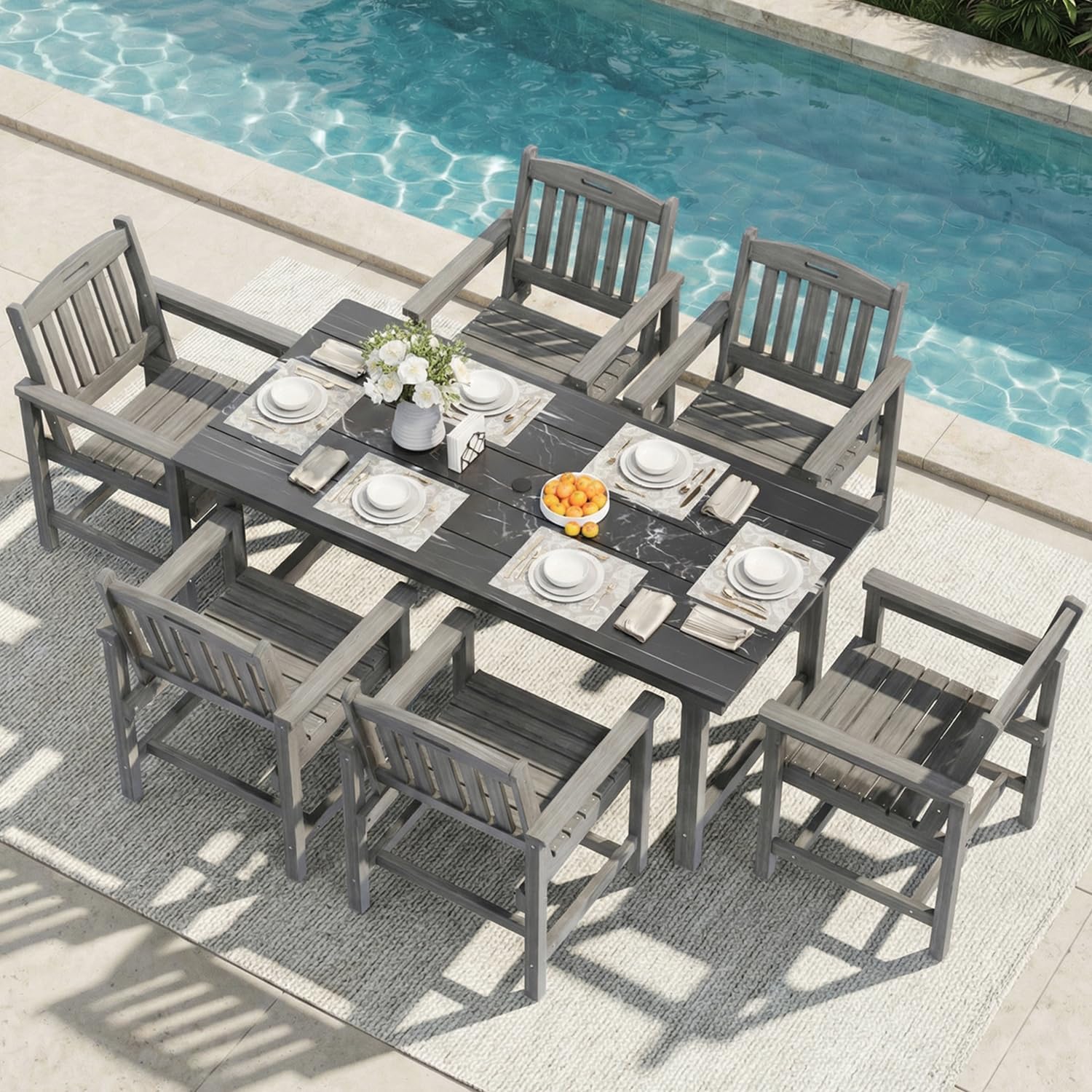 Mdeam 7-Piece HIPS Outdoor Dining Set, 66.9" Marble Texture Patio Table with Umbrella Hole, 440LBS Capacity, 6 Wider Chairs, Dining Table Set for 6, Outdoor Furniture with Galvanized Steel Frame, Grey