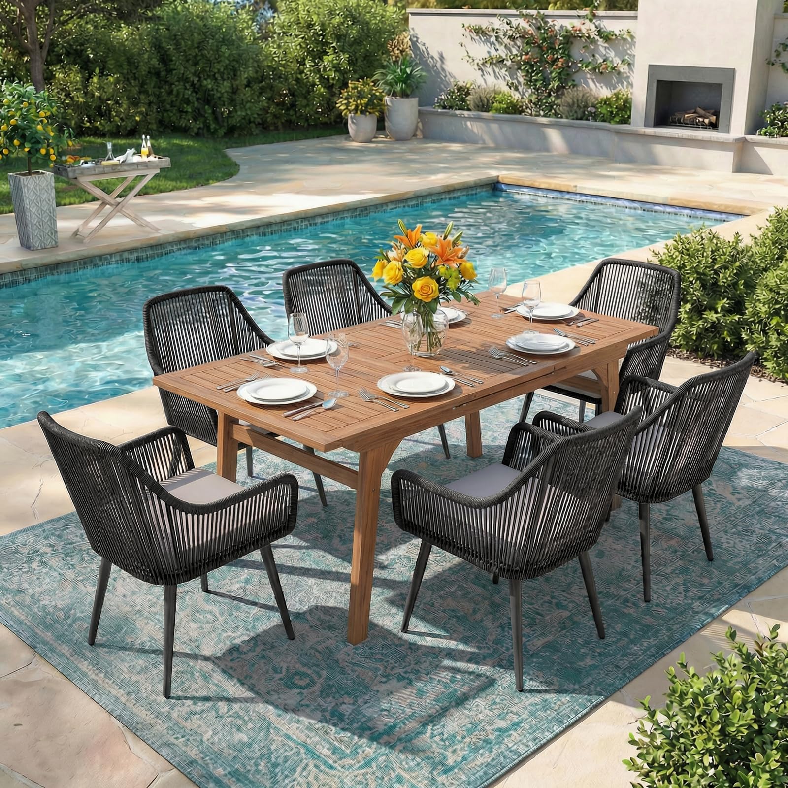 Patiorama 7-Piece Outdoor Dining Set, Patio Wicker Dining Table Chair Set with 55"-71" Acacia Wood Expandable Table & Twisted Rattan Rope Chairs, All-Weather Dining Furniture Set for Yard Garden, Tan
