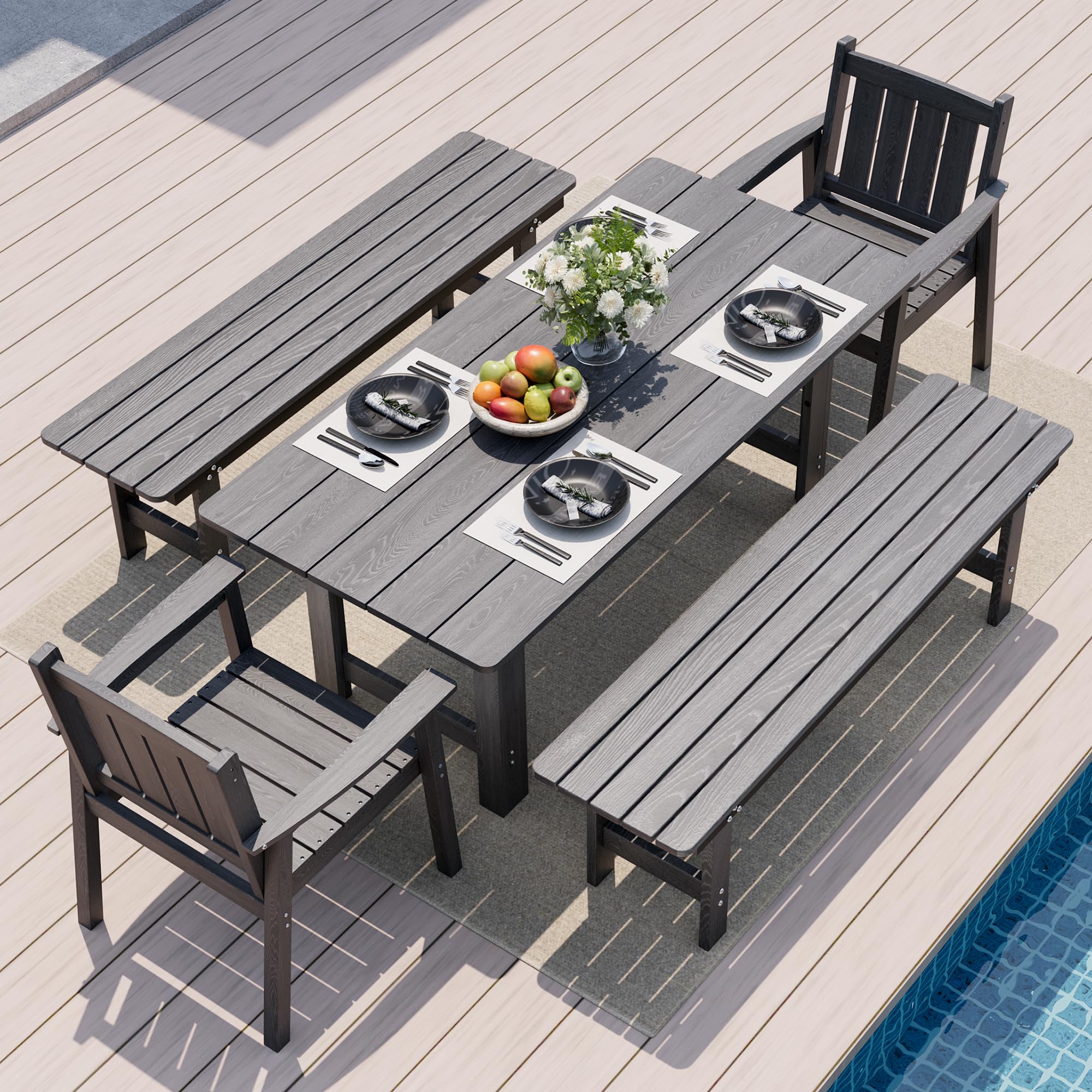 Pamapic 5 PCS Outdoor Dining Set, Spacious HDPE Outdoor Table and Chairs, Wood Grain Patio Furniture Sets with Elegant Armrest, All-Weather Patio Dining Table with Umbrella Hole, Gray