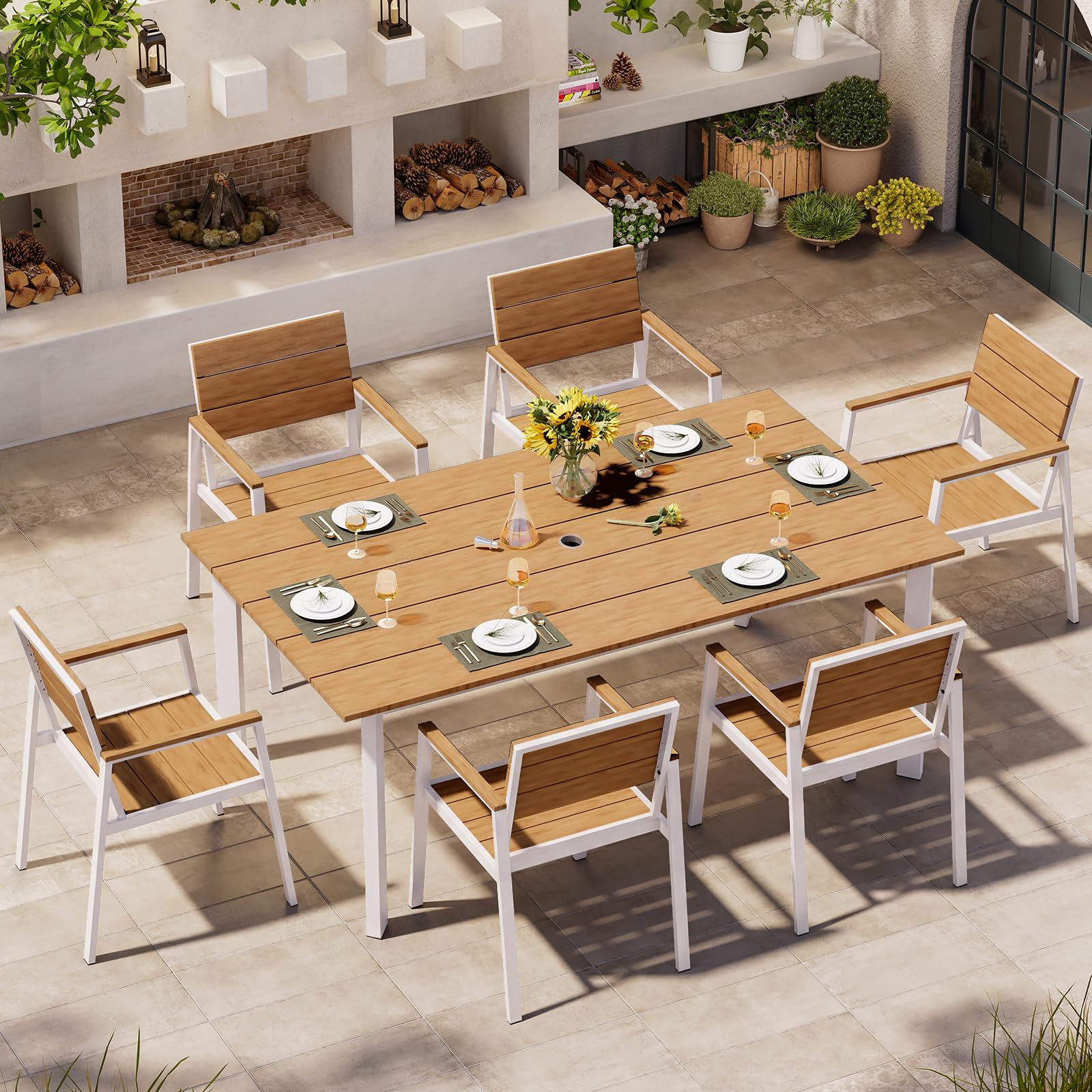 Outdoor Dining Set, Patio Table and Chairs Set with Umbrella Hole, 7 Pieces HDPS + Aluminum Patio Dining Furniture Set for Backyard, Garden (Gray & Teak)