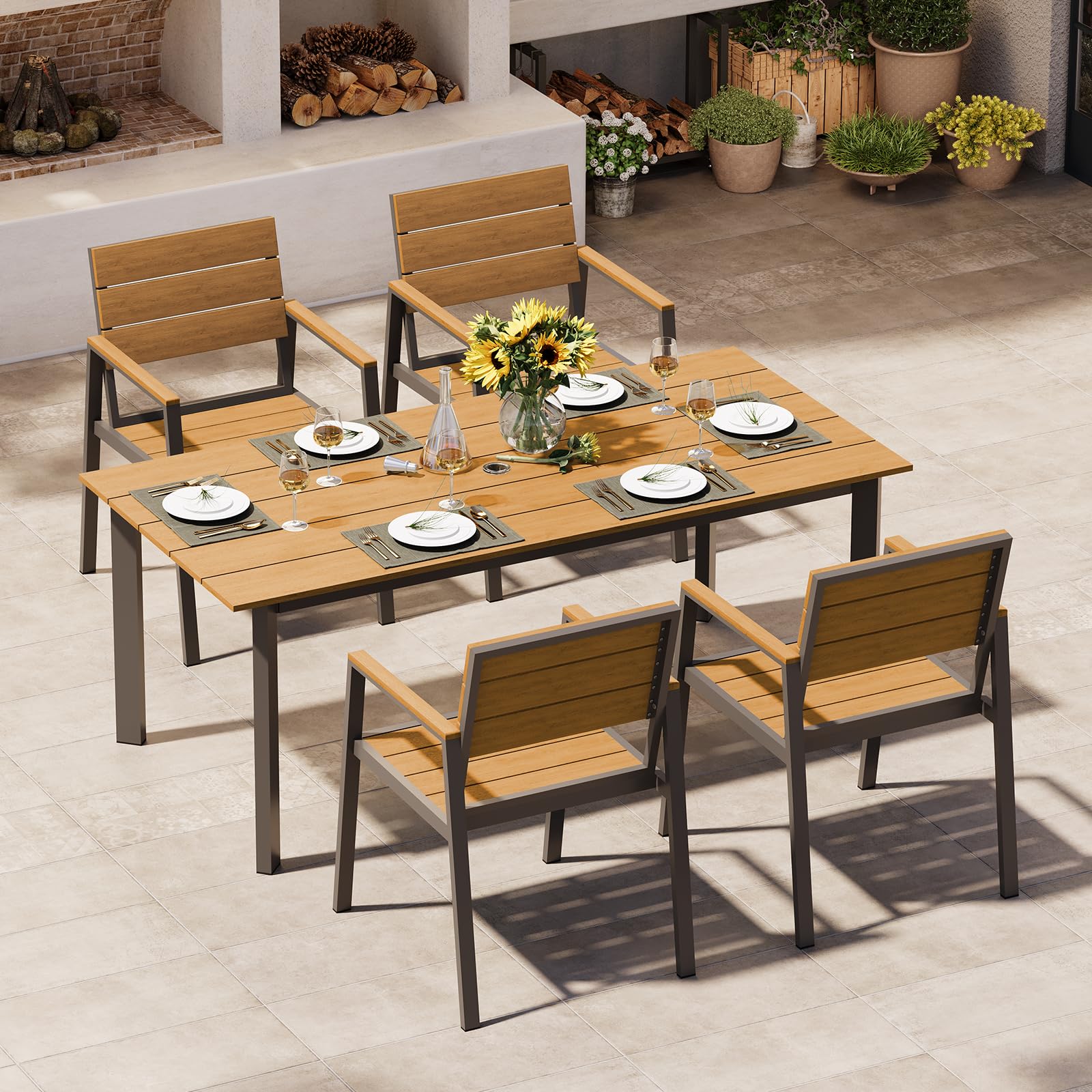 Outdoor Dining Set, Patio Table and Chairs Set with Umbrella Hole, 7 Pieces HDPS + Aluminum Patio Dining Furniture Set for Backyard, Garden (Gray & Teak)