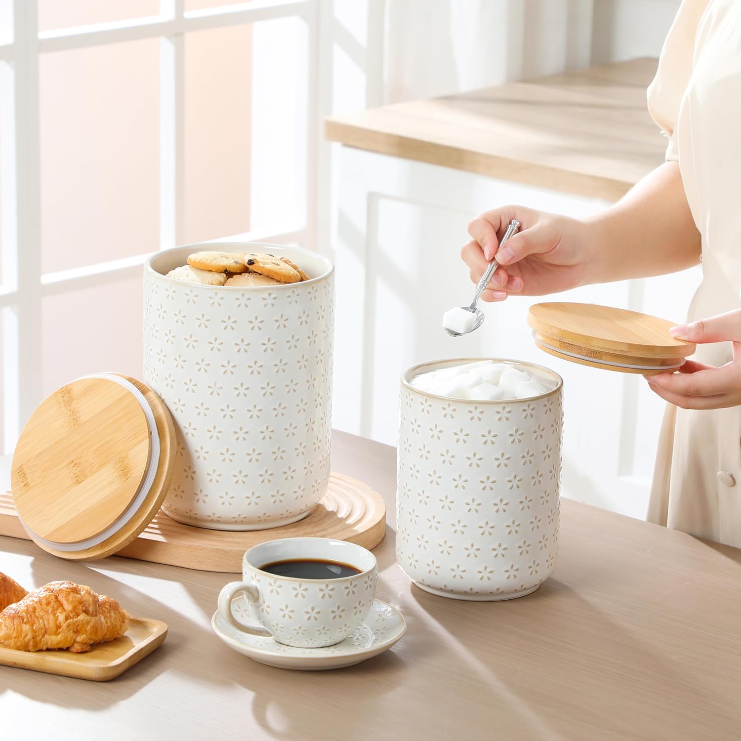 MALACASA LYDIA Ceramic Canisters Set with Airtight Lids, 80/40/20 oz Coffee Canisters Sets for the Kitchen, Large Jars for Flour, Sugar, Pasta, Coffee, Cookies, Tea - Set of 3, Five-Leaf Grass