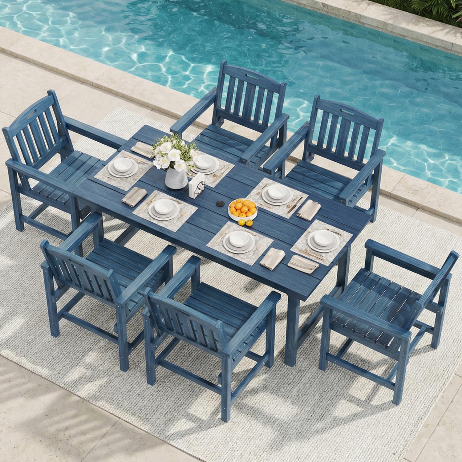 Mdeam 7-Piece HIPS Outdoor Dining Set, 66.9" Marble Texture Patio Table with Umbrella Hole, 440LBS Capacity, 6 Wider Chairs, Dining Table Set for 6, Outdoor Furniture with Galvanized Steel Frame, Grey