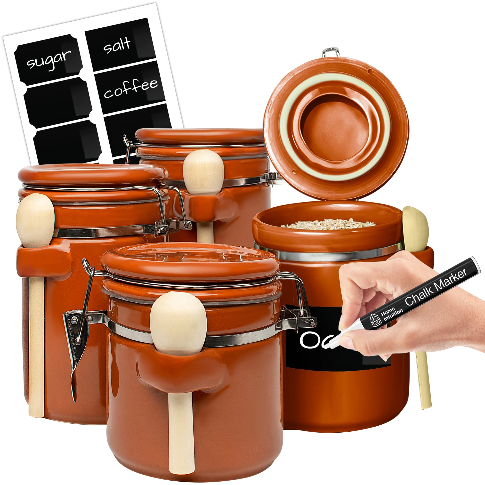 Home Intuition 4-Piece Ceramic Kitchen Canisters Set, Airtight Containers with Wooden Spoons Reusable Chalk Labels and Marker for Sugar, Coffee, Flour, Tea (Mint)