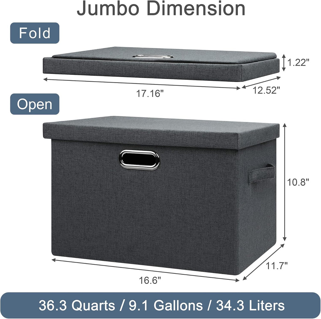 Graciadeco Large 17" 36 Quart Collapsible Stackable Storage Bins with Lids, 3 Packs Dark Gray Foldable Fabric Closet Storage Boxes with Lids, Heavy-duty Linen Cube Baskets(17x12x11)