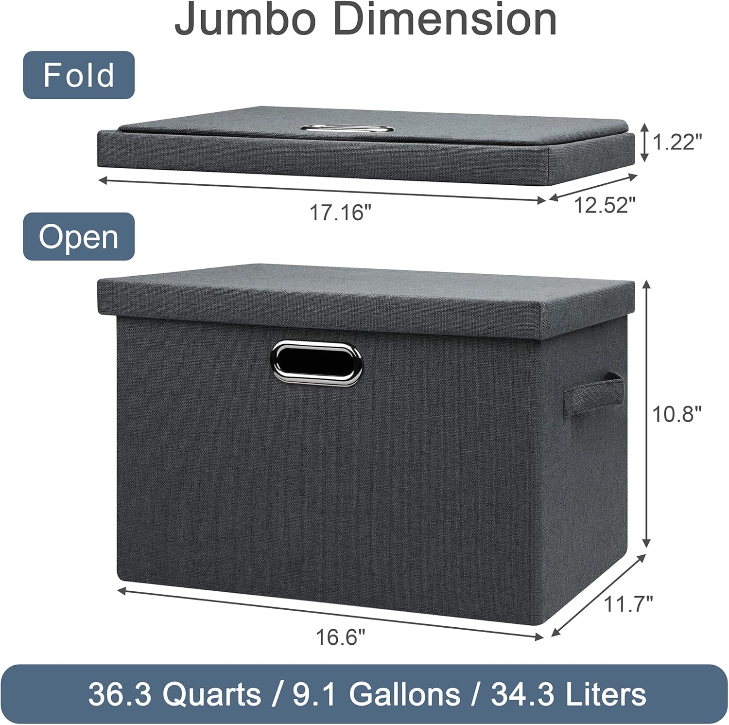 Graciadeco Large 17" 36 Quart Collapsible Stackable Storage Bins with Lids, 3 Packs Dark Gray Foldable Fabric Closet Storage Boxes with Lids, Heavy-duty Linen Cube Baskets(17x12x11)