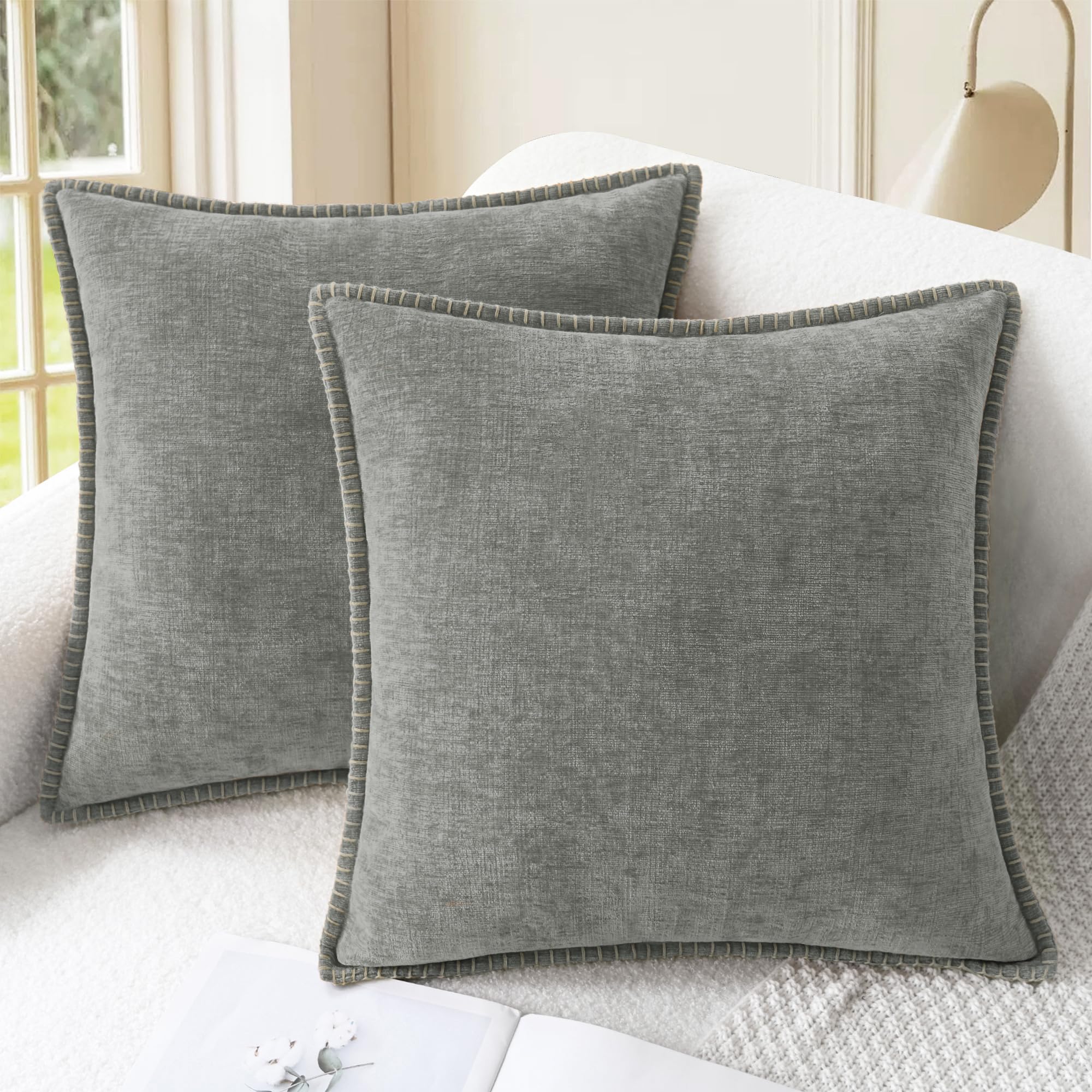 CaliTime Throw Pillow Covers Decorative 26 X 26 Inches Pack of 2 Cotton Thread Stitching Edges Solid Dyed Soft Chenille Cushion Cases for Couch Sofa Bed Living Room Farmhouse Coffee