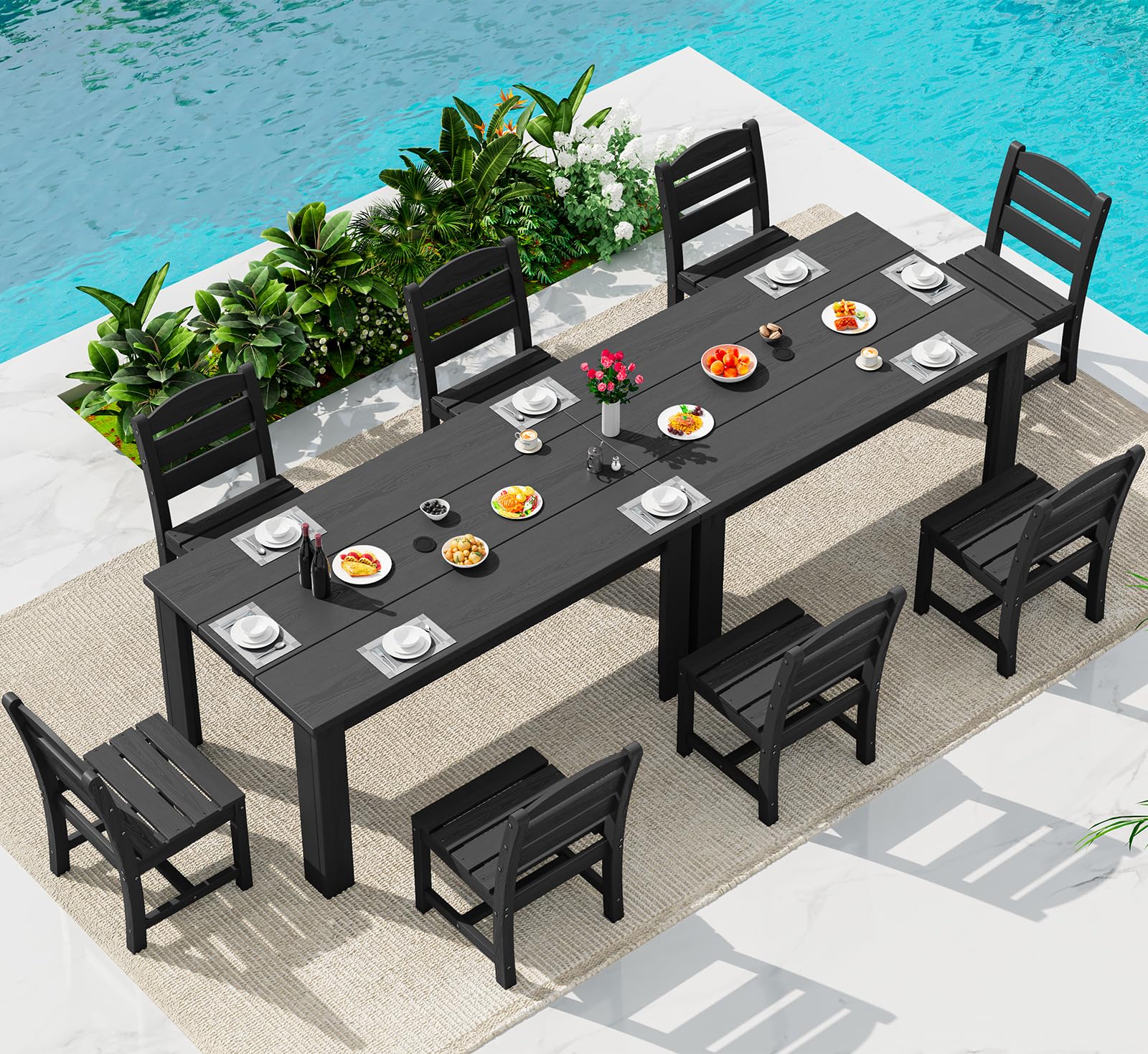 SERWALL HDPE Dining Set for 6: 1 Umbrella Hole Table, 4 Armless + 2 Armchairs. Includes 6 Plastic Woven Placemats – Heat-Resistant, Non-Slip & Easy to Clean. for Patio, Garden, Backyard. Black