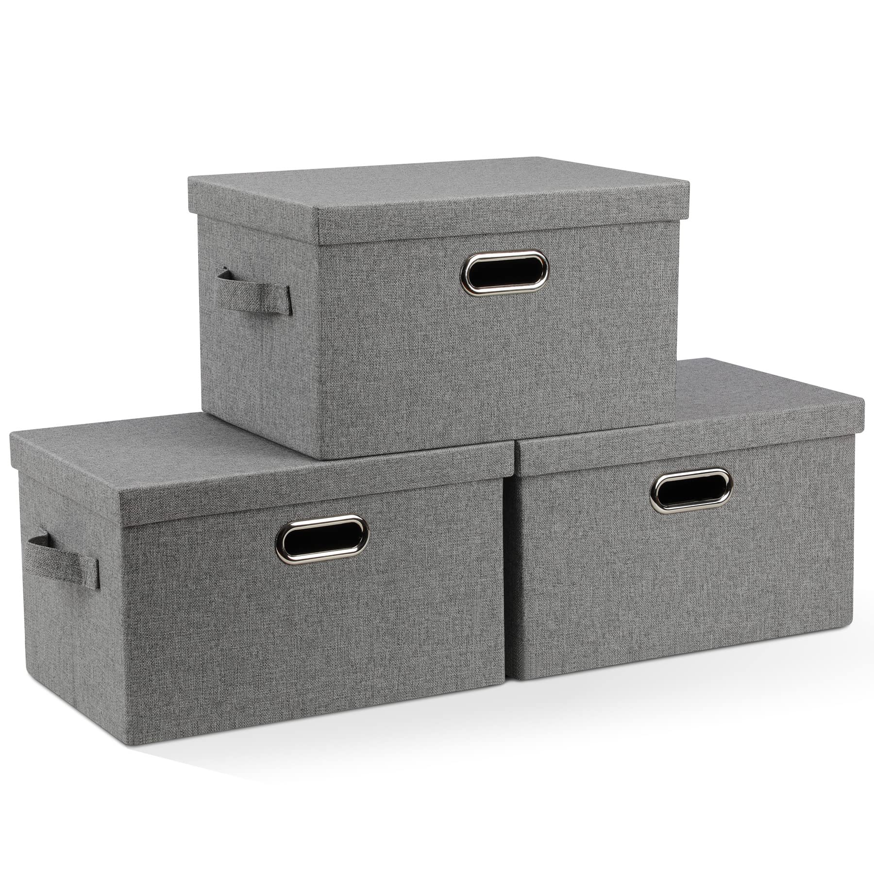 Graciadeco Large 17" 36 Quart Collapsible Stackable Storage Bins with Lids, 3 Packs Dark Gray Foldable Fabric Closet Storage Boxes with Lids, Heavy-duty Linen Cube Baskets(17x12x11)
