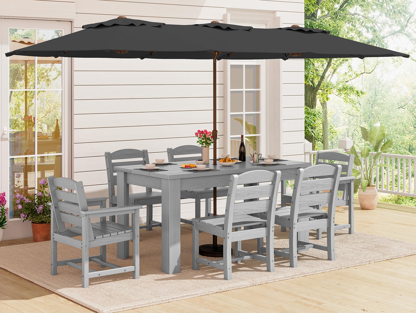 SERWALL HDPE Dining Set for 6: 1 Umbrella Hole Table, 4 Armless + 2 Armchairs. Includes 6 Plastic Woven Placemats – Heat-Resistant, Non-Slip & Easy to Clean. for Patio, Garden, Backyard. Black