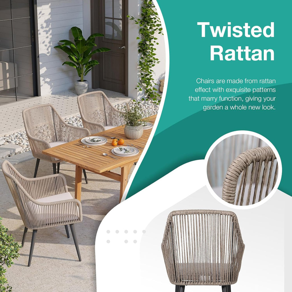 Patiorama 7-Piece Outdoor Dining Set, Patio Wicker Dining Table Chair Set with 55"-71" Acacia Wood Expandable Table & Twisted Rattan Rope Chairs, All-Weather Dining Furniture Set for Yard Garden, Tan