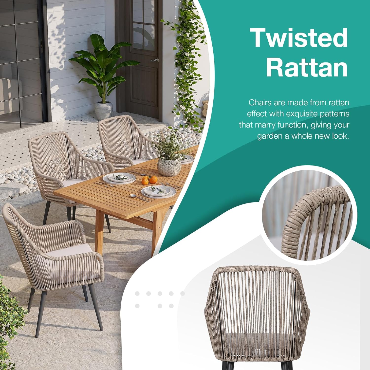 Patiorama 7-Piece Outdoor Dining Set, Patio Wicker Dining Table Chair Set with 55"-71" Acacia Wood Expandable Table & Twisted Rattan Rope Chairs, All-Weather Dining Furniture Set for Yard Garden, Tan