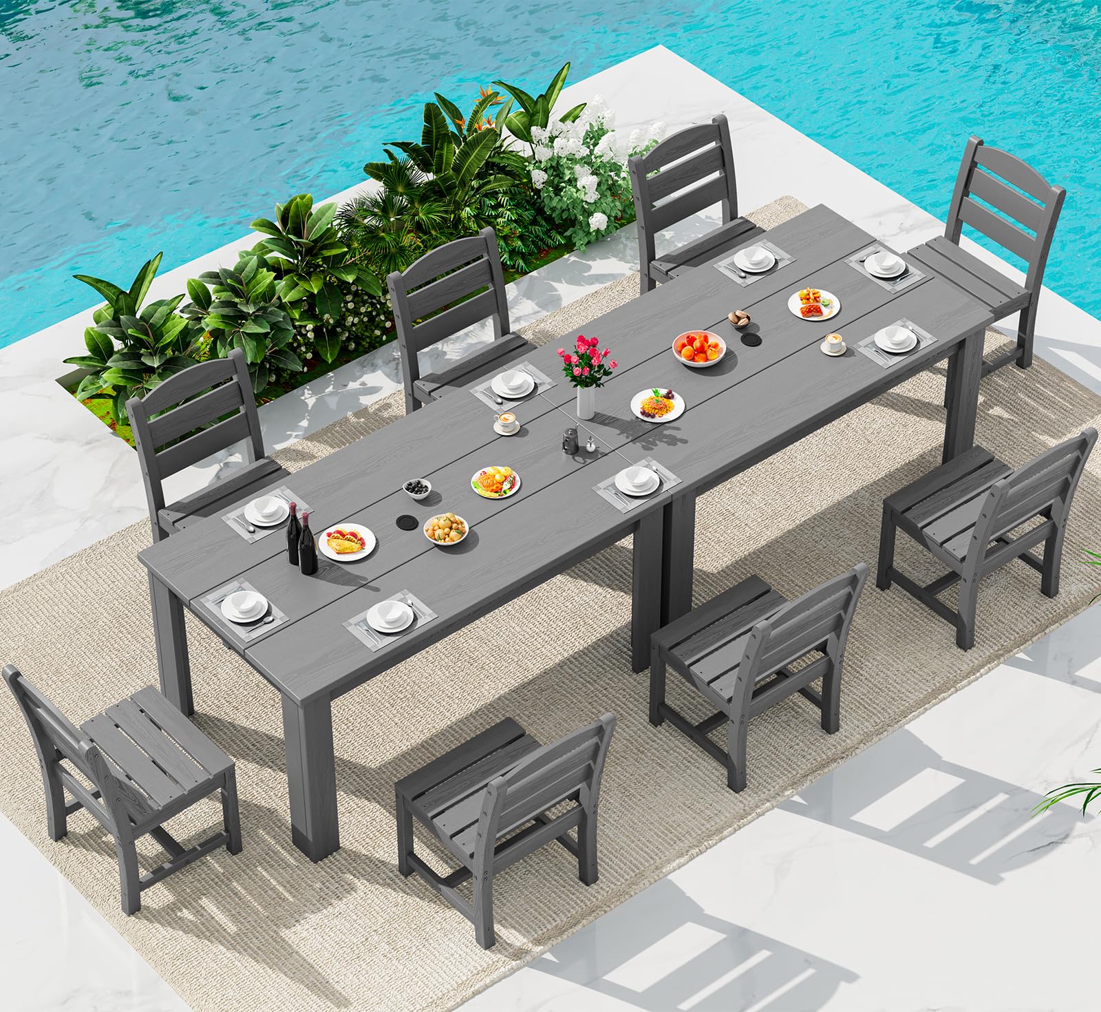 SERWALL HDPE Dining Set for 6: 1 Umbrella Hole Table, 4 Armless + 2 Armchairs. Includes 6 Plastic Woven Placemats – Heat-Resistant, Non-Slip & Easy to Clean. for Patio, Garden, Backyard. Black