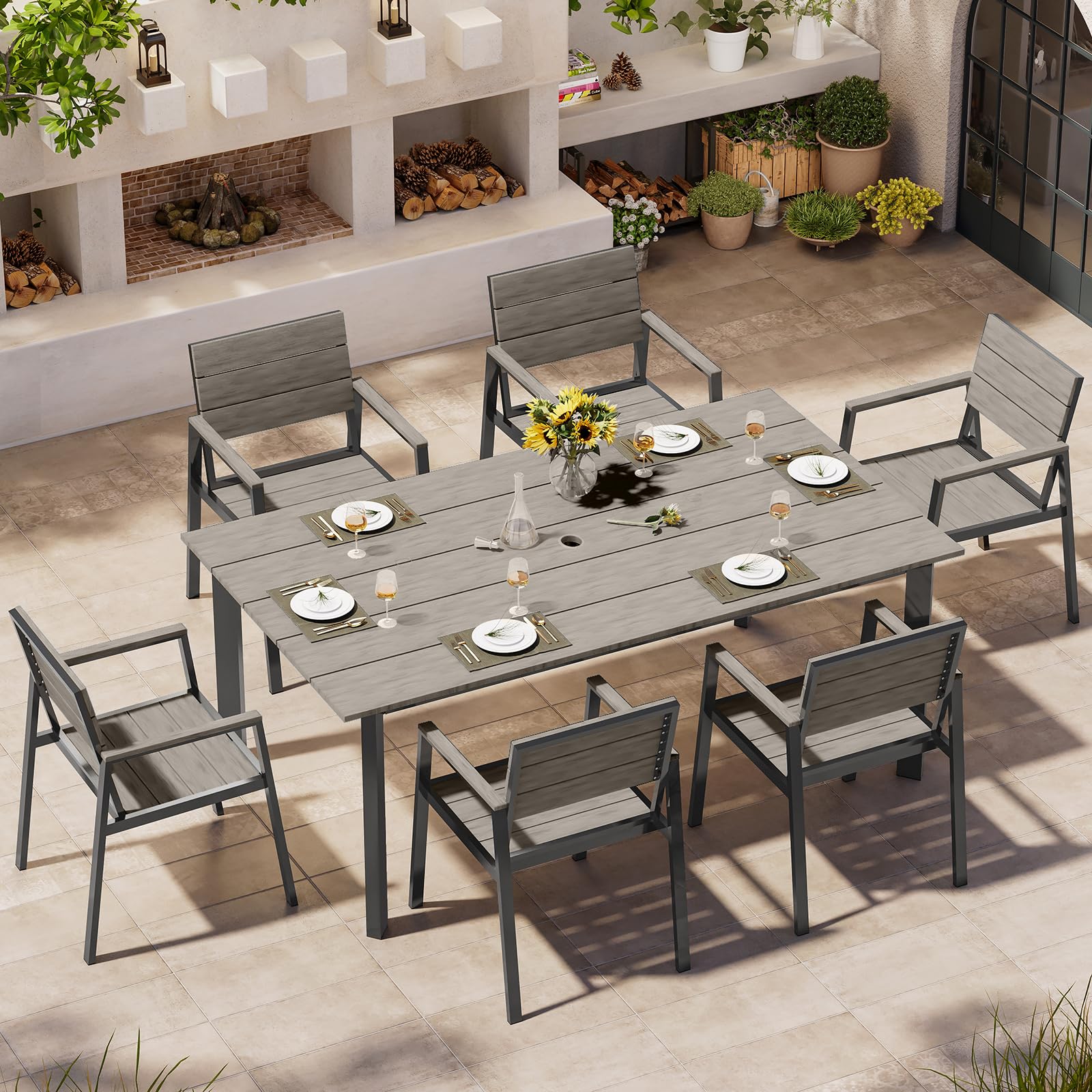 Outdoor Dining Set, Patio Table and Chairs Set with Umbrella Hole, 7 Pieces HDPS + Aluminum Patio Dining Furniture Set for Backyard, Garden (Gray & Teak)
