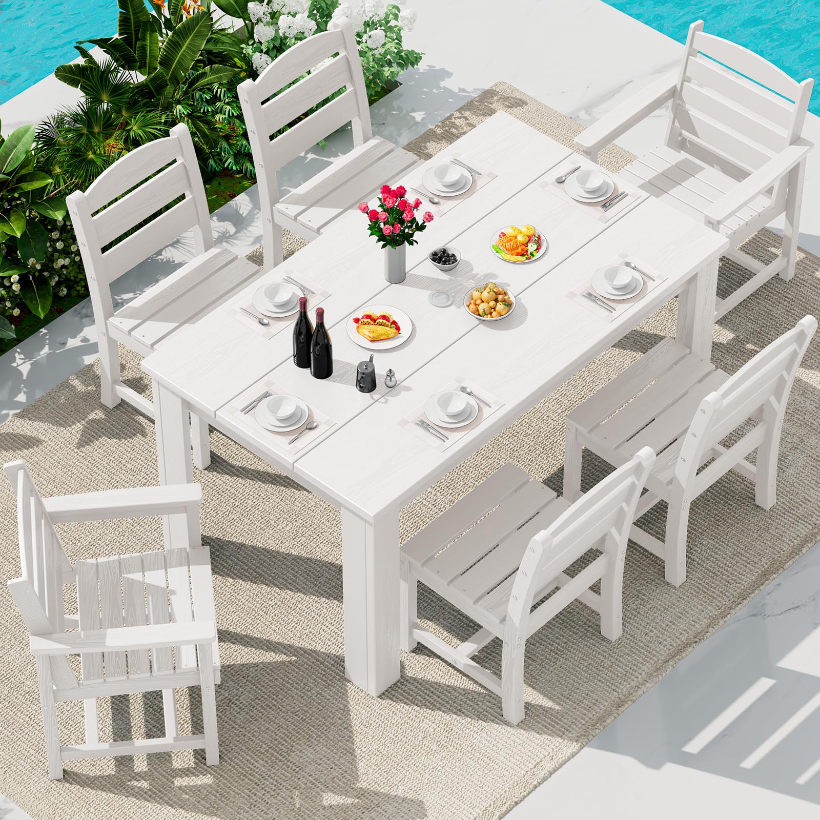 SERWALL HDPE Dining Set for 6: 1 Umbrella Hole Table, 4 Armless + 2 Armchairs. Includes 6 Plastic Woven Placemats – Heat-Resistant, Non-Slip & Easy to Clean. for Patio, Garden, Backyard. Black